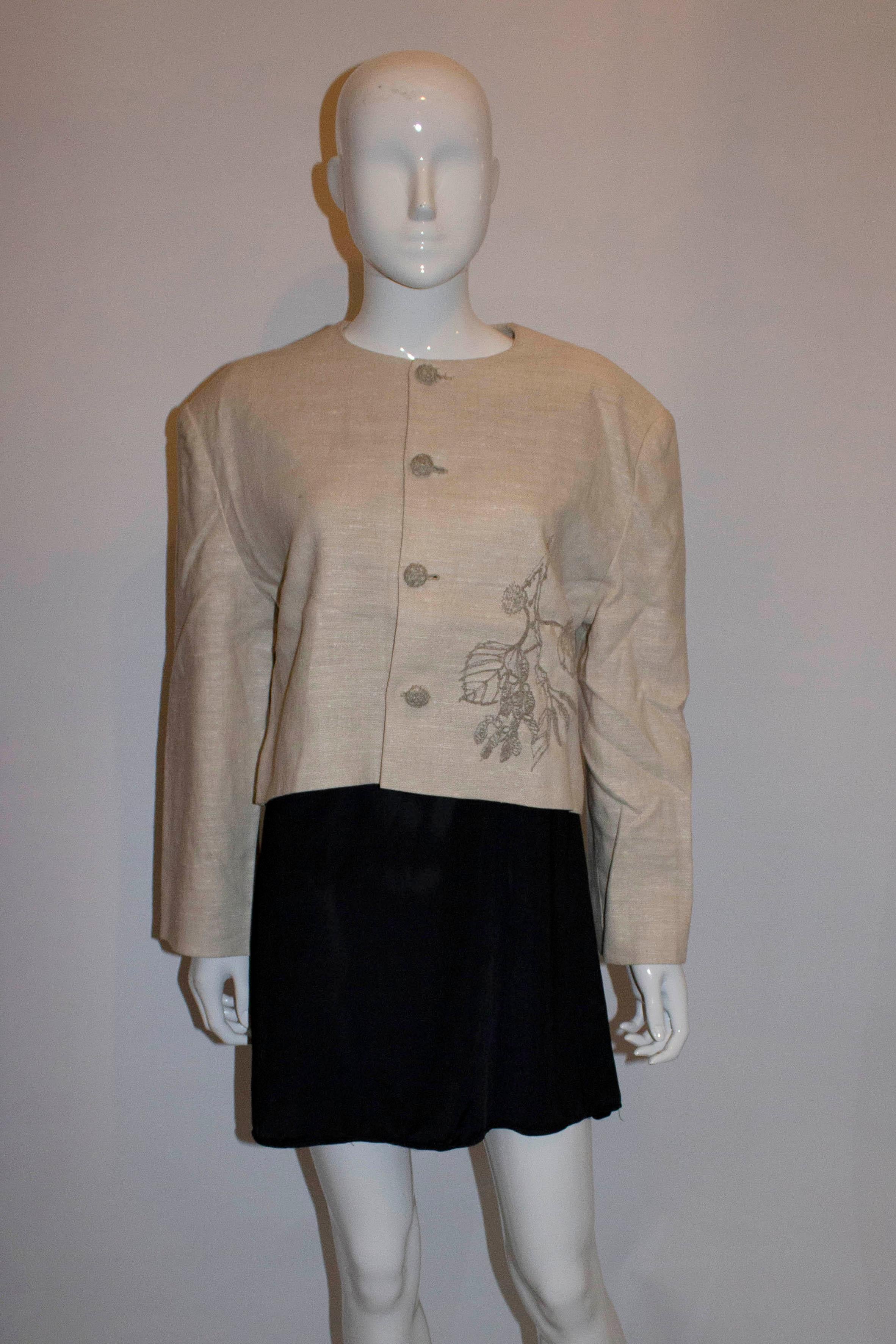 Vintage Raw Linen Mix Jacket with Embroidery Detail In Good Condition For Sale In London, GB