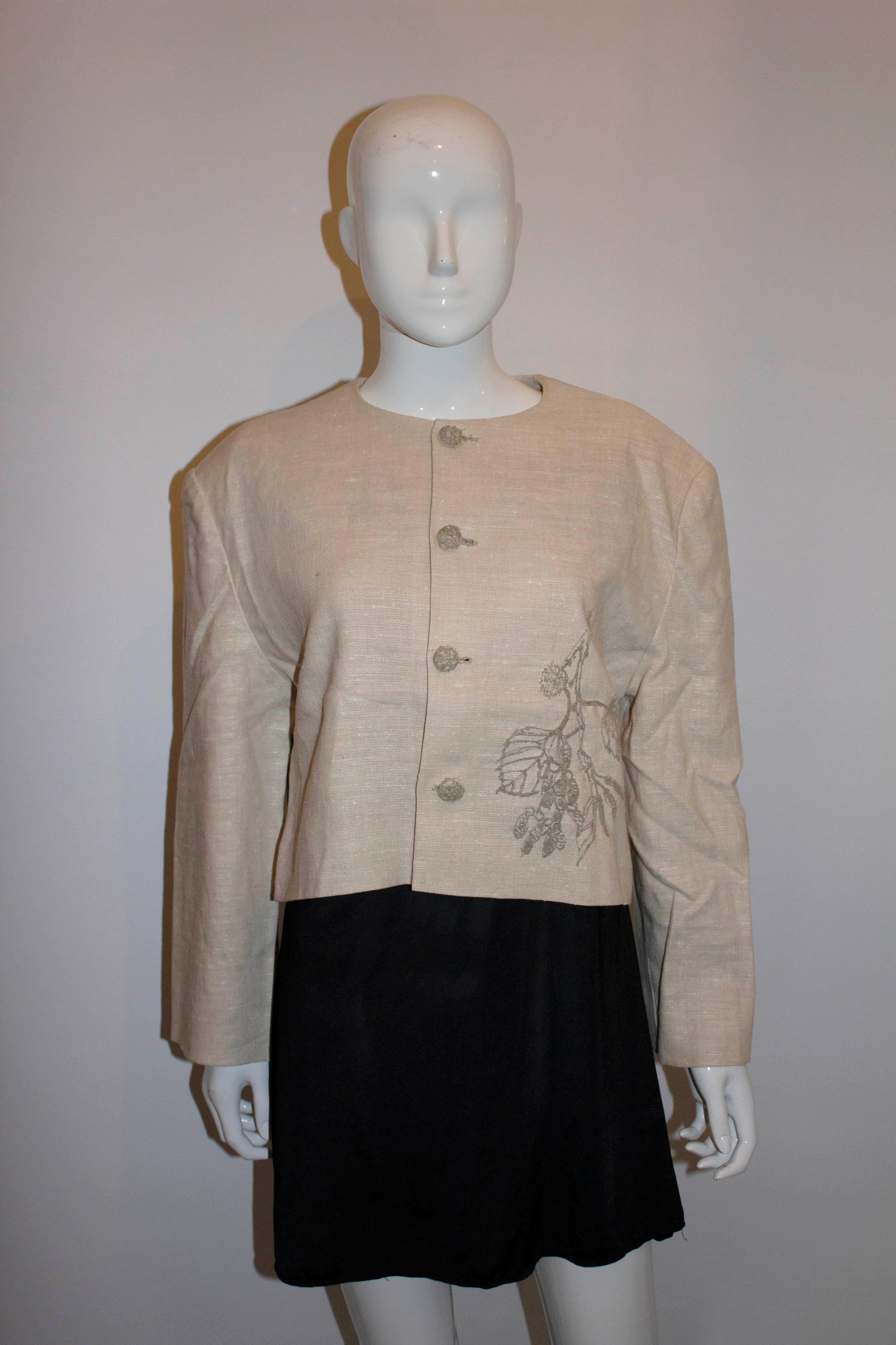 Vintage Raw Linen Mix Jacket with Embroidery Detail For Sale 1