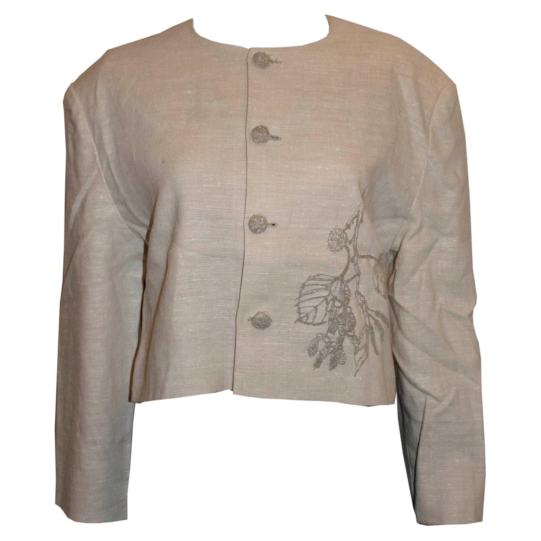 Vintage Raw Linen Mix Jacket with Embroidery Detail For Sale