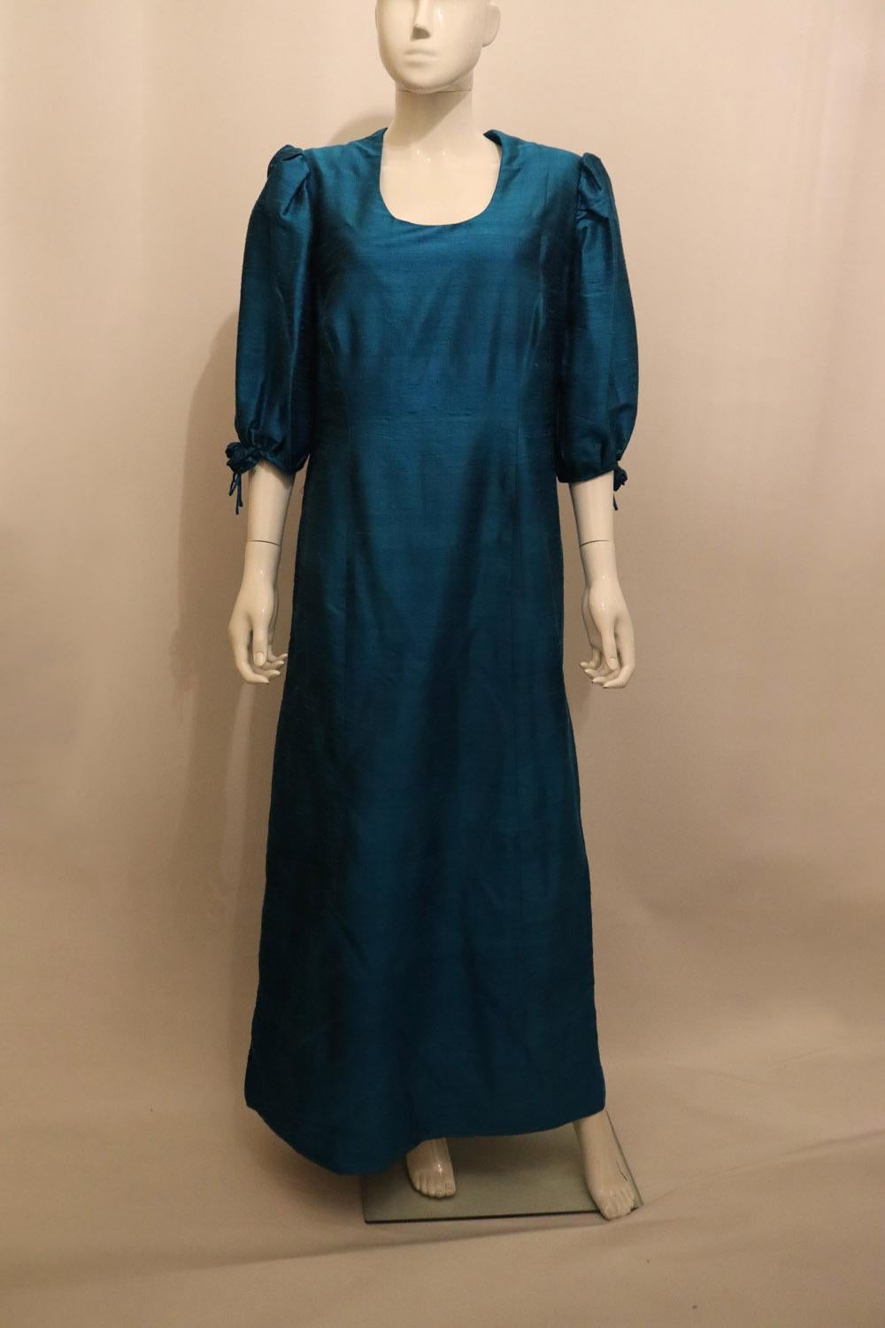 Black Vintage Raw Silk Turquoise Gown by Senatore Moda Milan For Sale