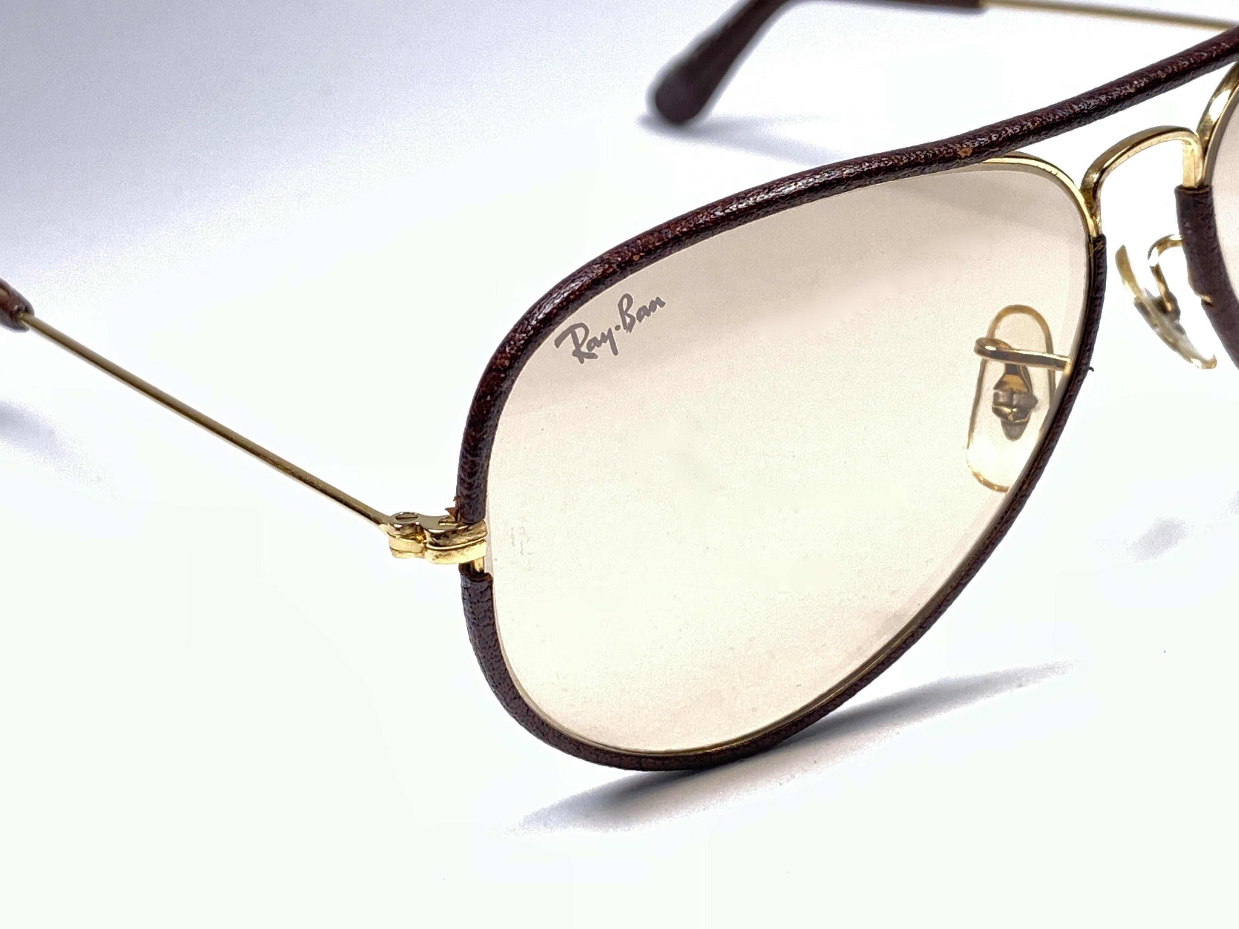 Black Vintage Ray Ban Vintage Brown Leathers Aviator Changeable Lens 58 B&L Sunglasses