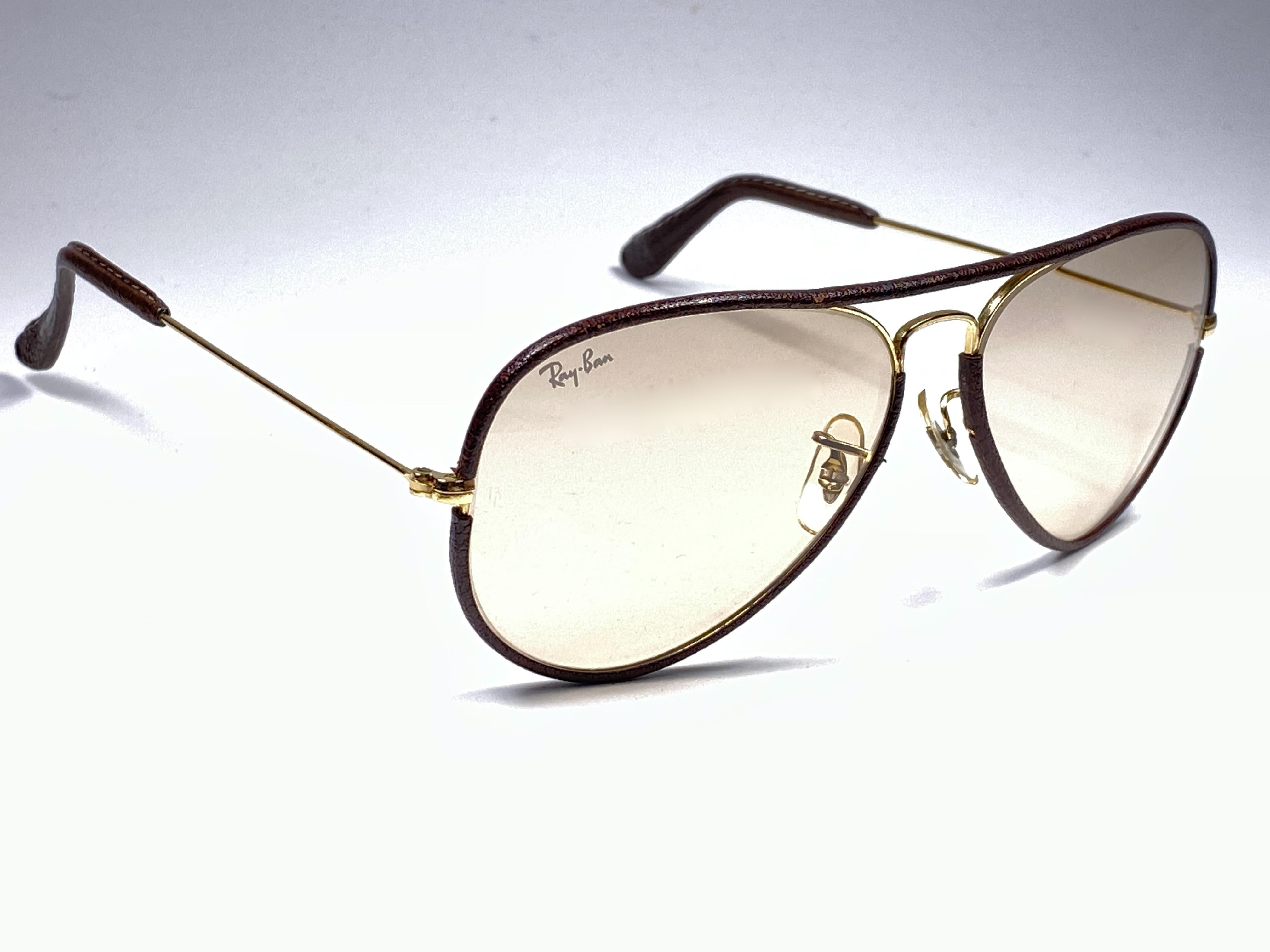 Black Vintage Ray Ban Vintage Brown Leathers Aviator Changeable Lens 62 B&L Sunglasses For Sale