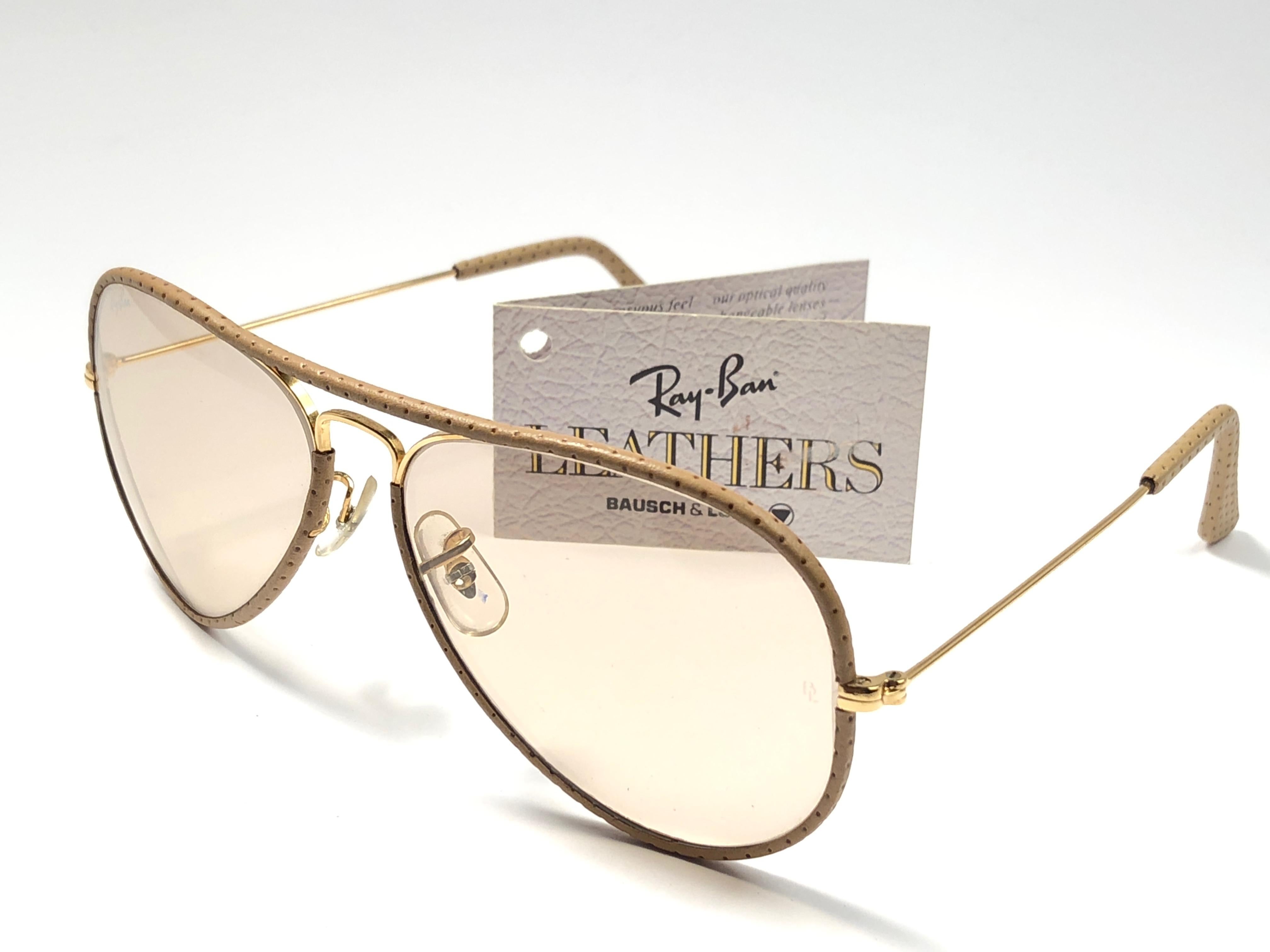 Black Vintage Ray Ban Vintage Tan Perforated Leathers Aviator 58MM B&L Sunglasses