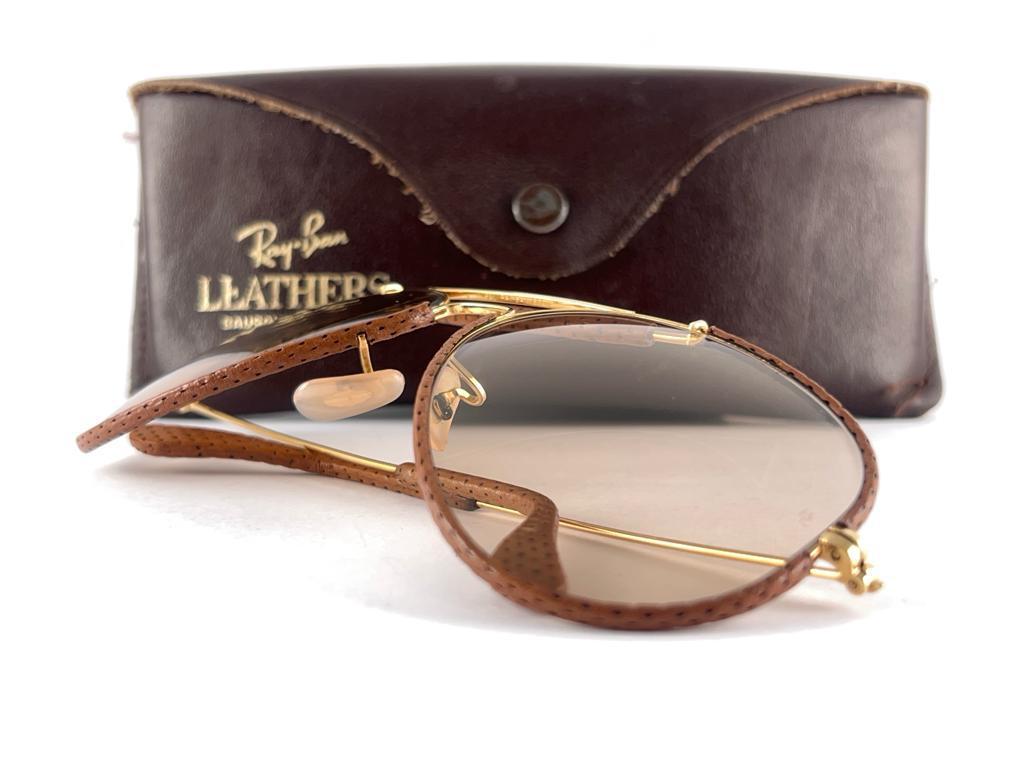 Vintage Ray Ban Vintage Tan Perforated Leathers Aviator 62MM B&L Sunglasses For Sale 9