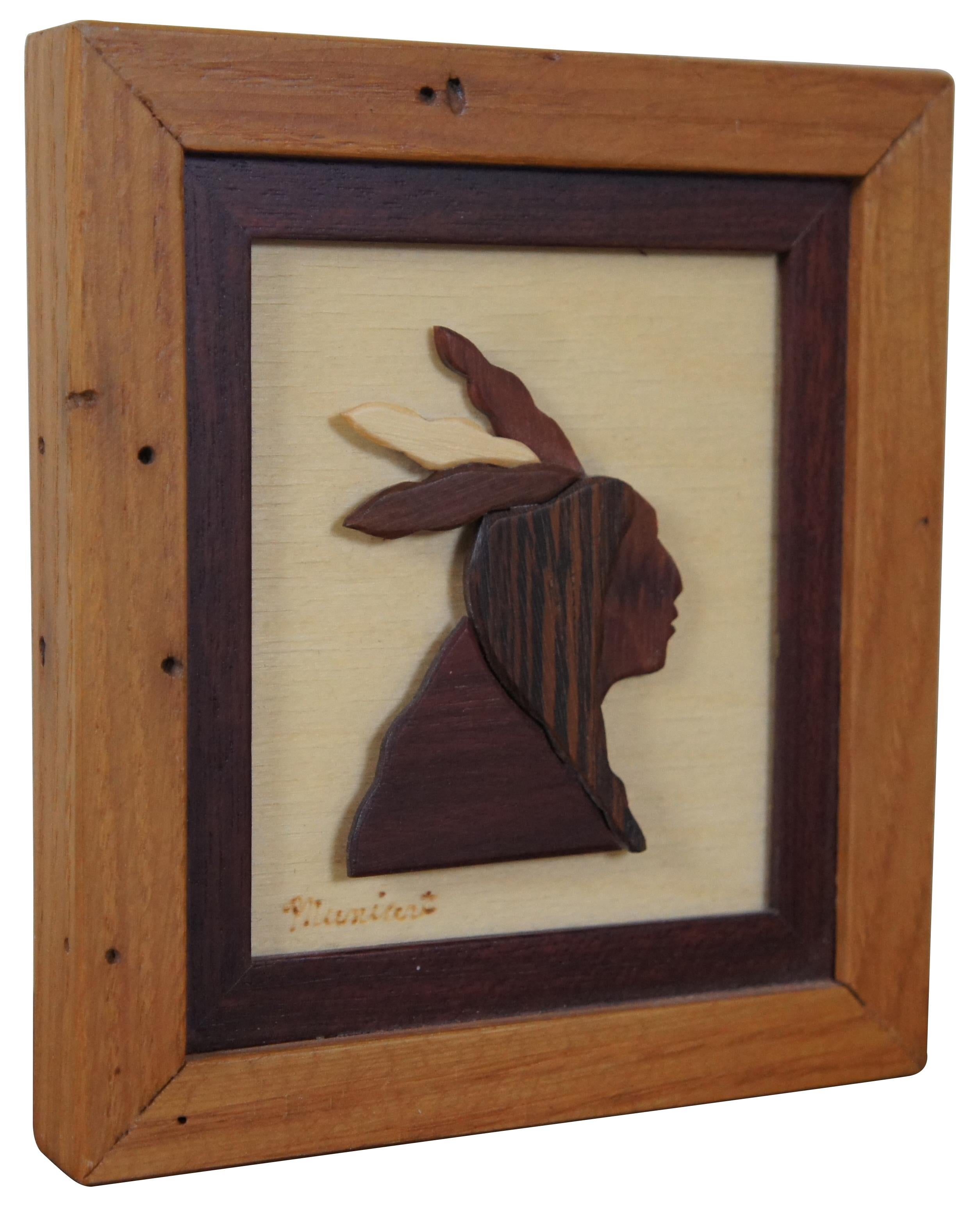 Vintage Ray Muniak Layered Wood Exotic Carved Wall Art Native American Portrait In Good Condition In Dayton, OH