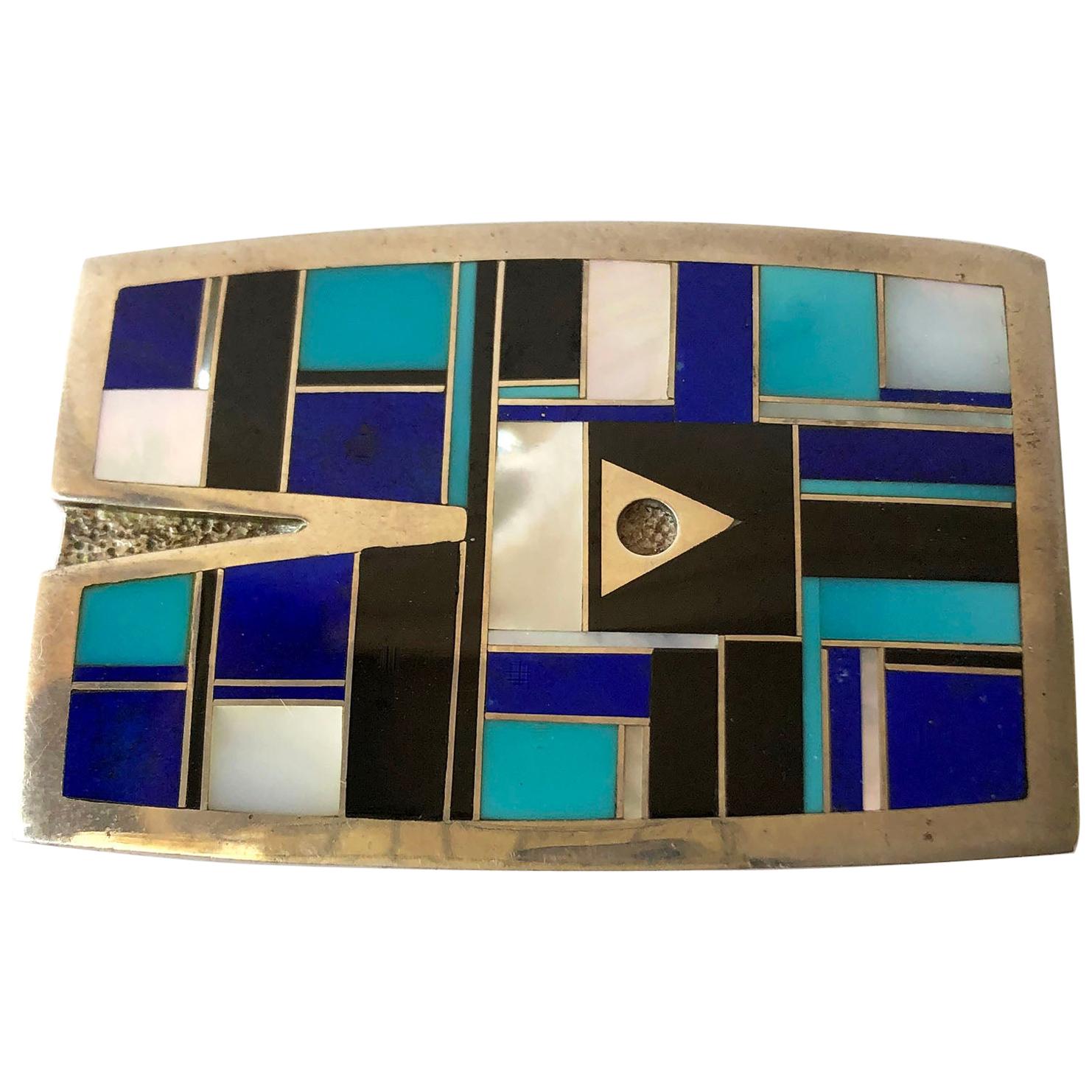 Vintage Ray Tracey Turquoise Mother of Pearl Lapis Lazuli Inlay Belt Buckle