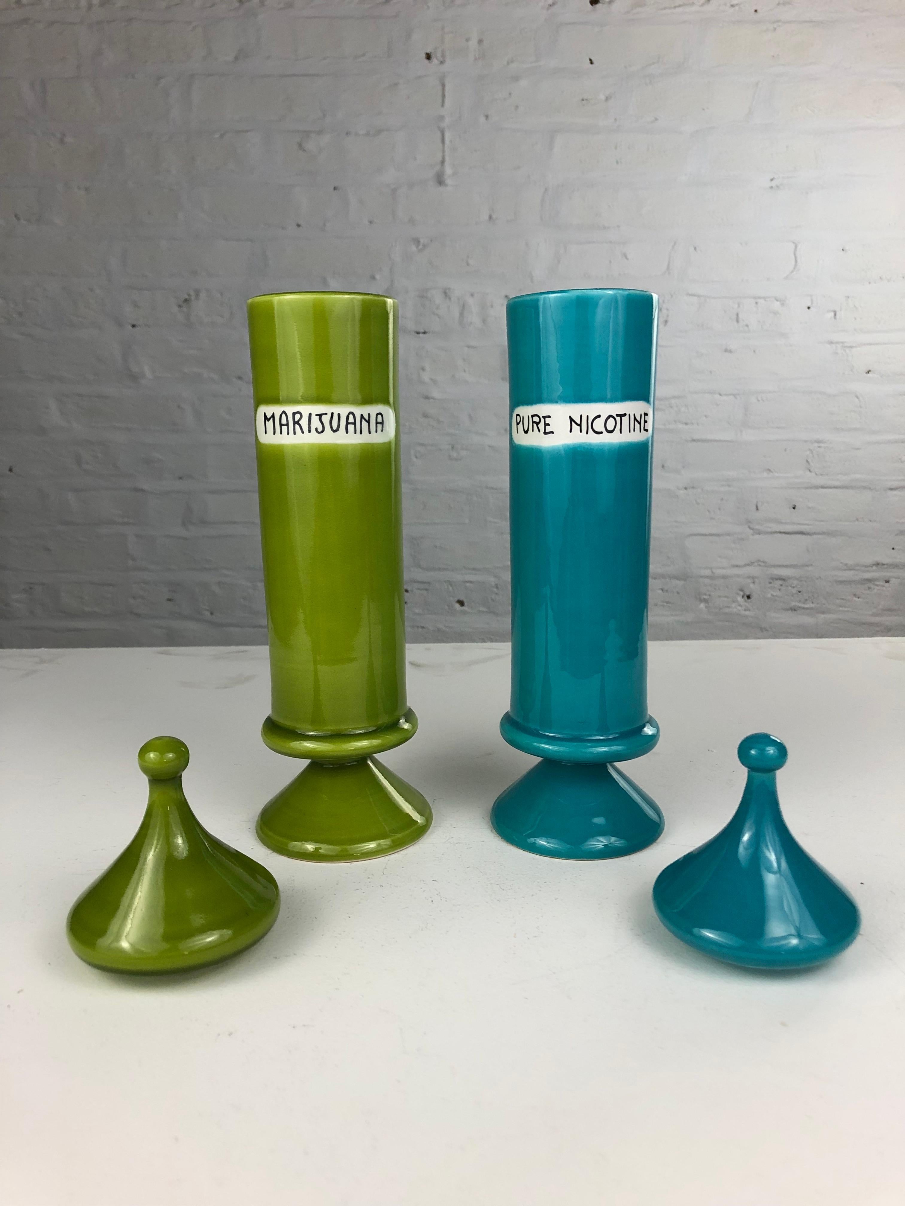 Raymor Vice Jars in bright green and blue, high glaze ceramic. Each jar is sold individually, with a price per jar, allowing collectors to curate their own unique set. Crafted in Italy by Bitossi exclusively for Raymor USA, these ceramic tall and
