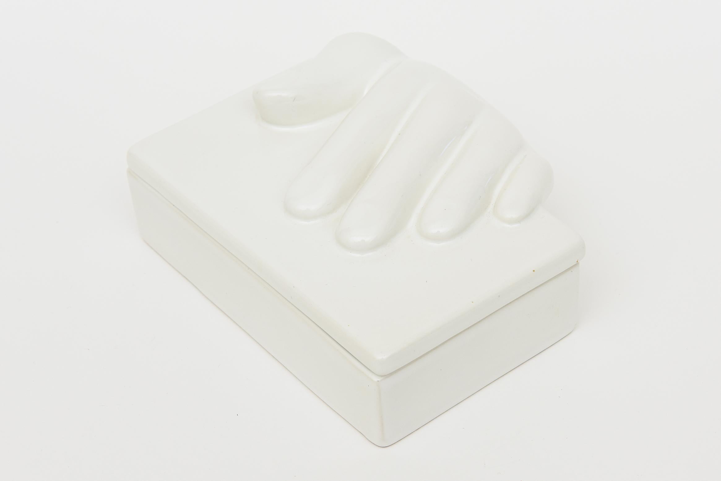 Modern Vintage Raymor White Ceramic Hand Two Part Box Italian For Sale