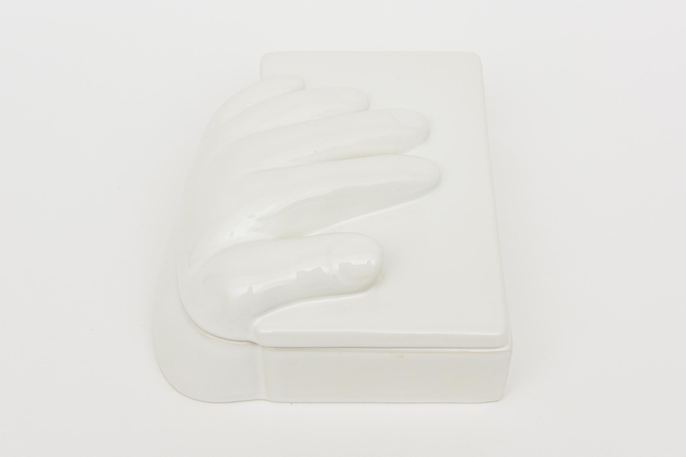 Late 20th Century Vintage Raymor White Ceramic Hand Two Part Box Italian For Sale