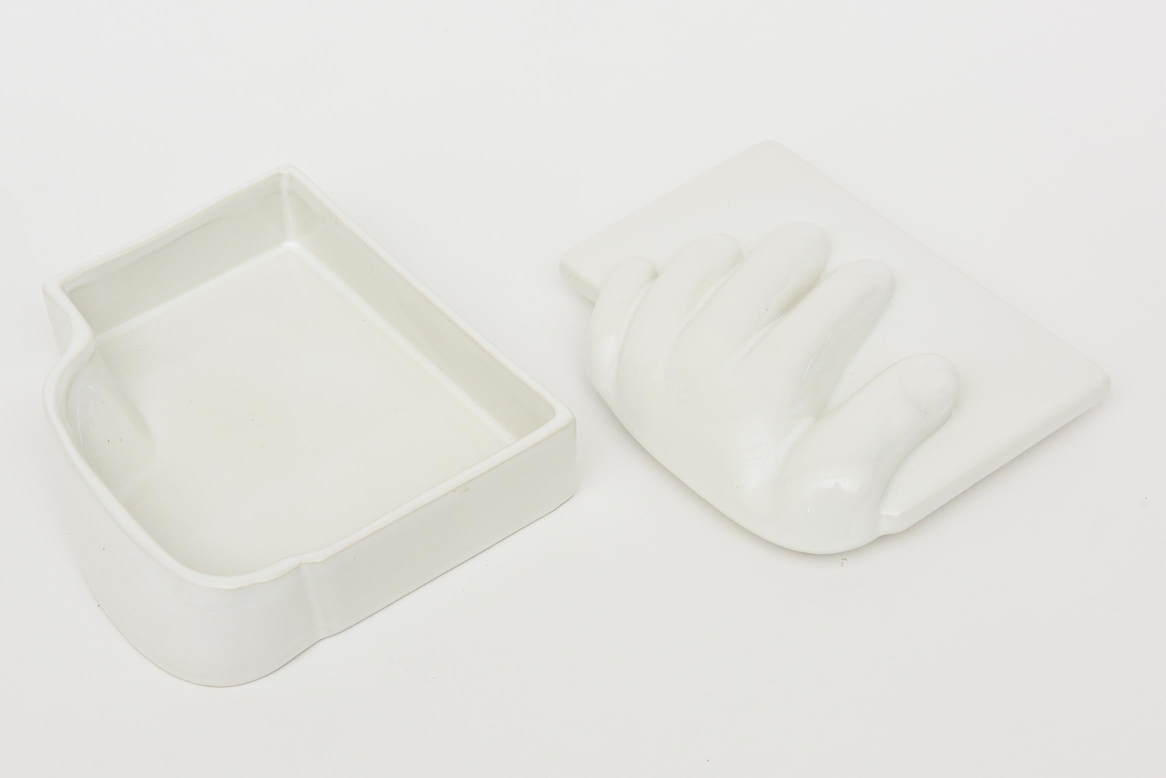 Vintage Raymor White Ceramic Hand Two Part Box Italian For Sale 2