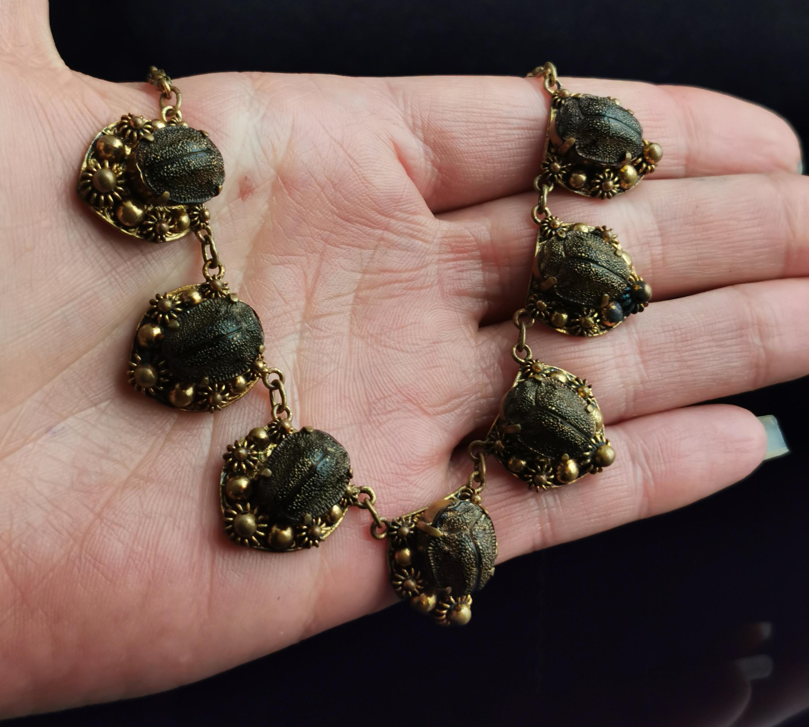 Vintage Real Scarab Beetle Necklace, Gilt, c1940s In Good Condition In NEWARK, GB