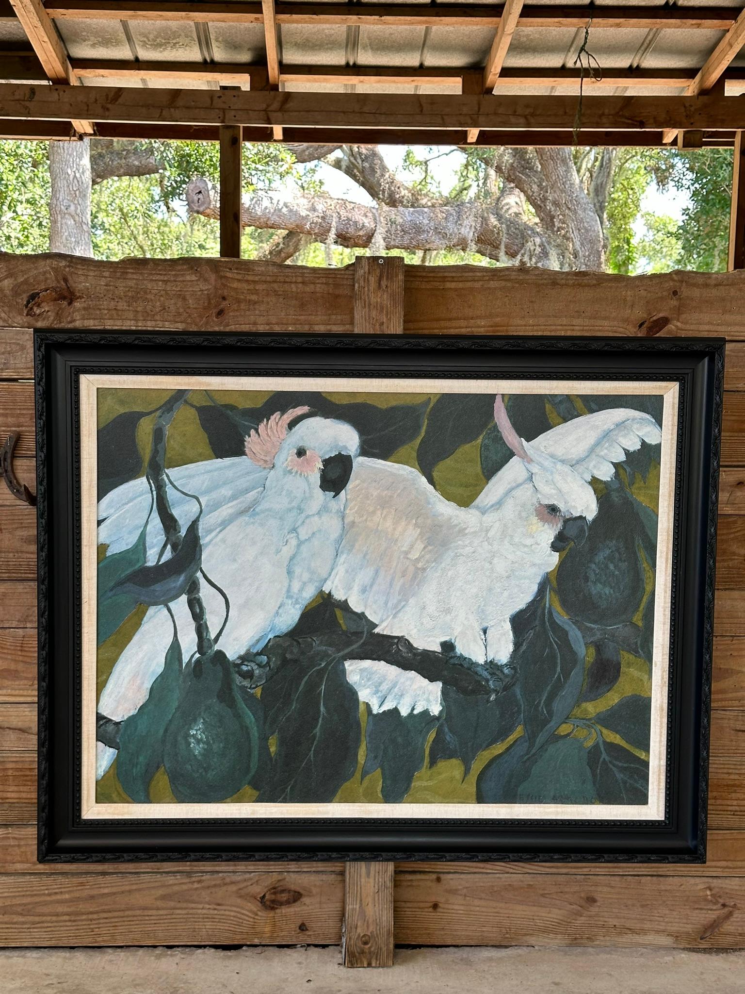 Excepcional pieza con una pareja de cacatúas blancas en un entorno tropical de realismo, obra de Jesse Arms Botke.
El marco de madera grande se ha pintado en un acabado negro con algunas imperfecciones en el acabado para darle un estilo shabby