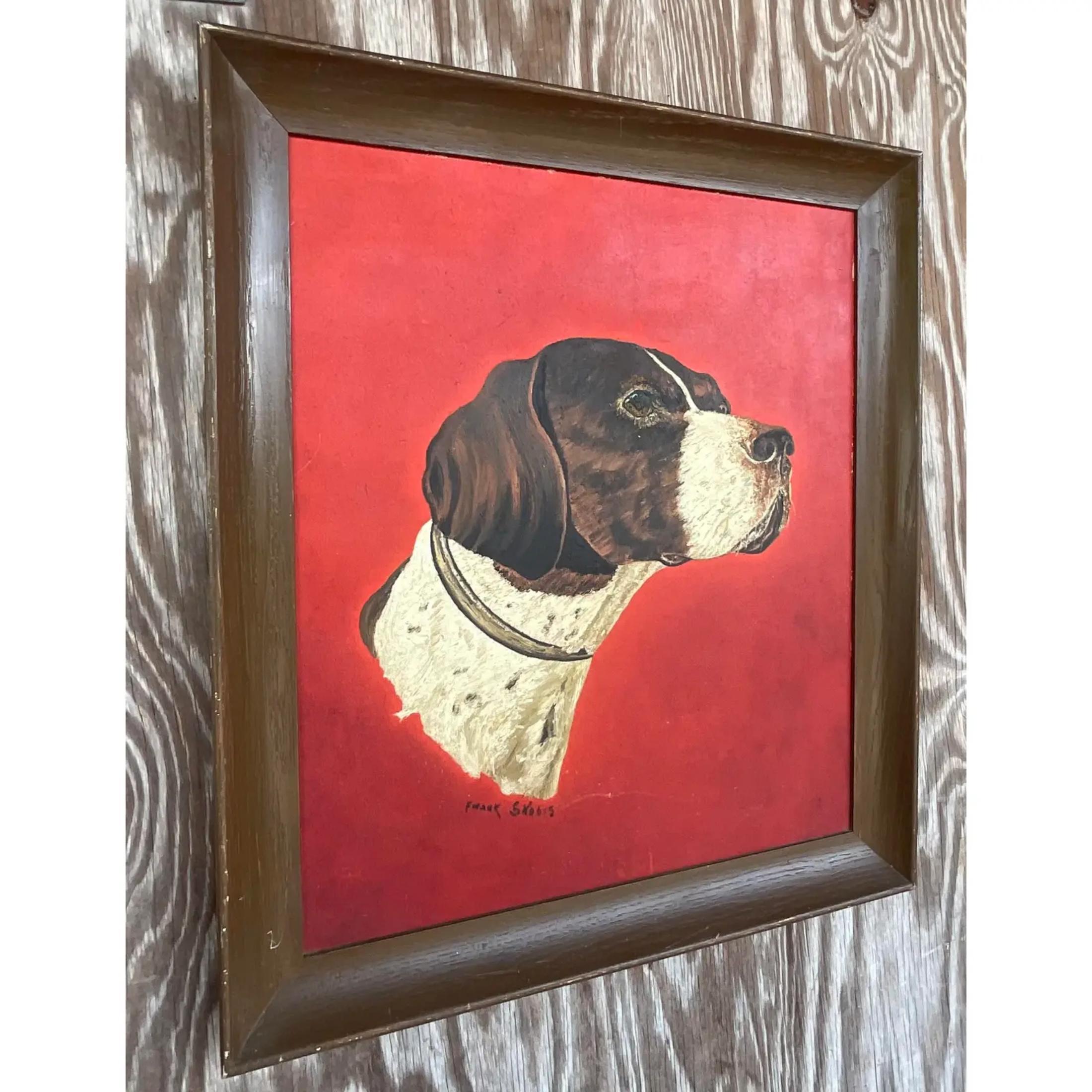 A fabulous vintage Boho original oil painting on board. A handsome dog on a bright red background. Signed by the artist. Acquired from a Palm Beach estate. 