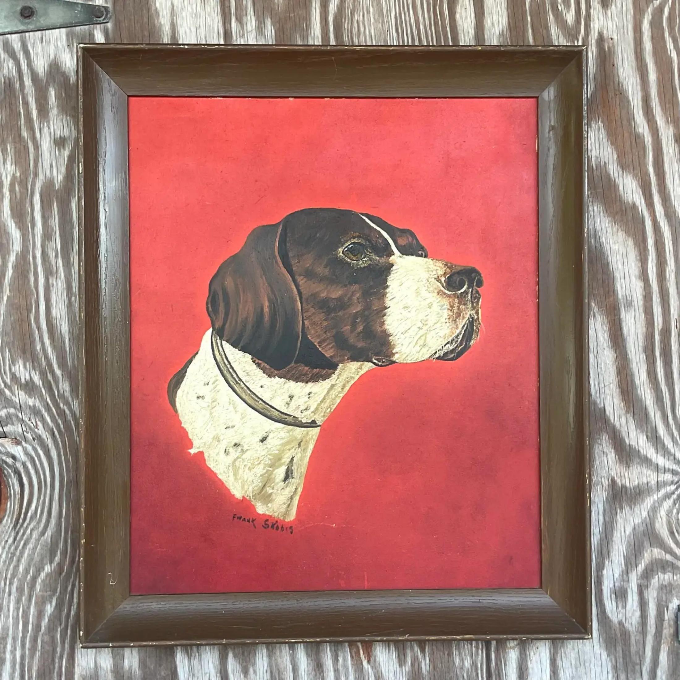 Vintage Realist Animal Portrait Original Oil Painting of Dog In Good Condition For Sale In west palm beach, FL