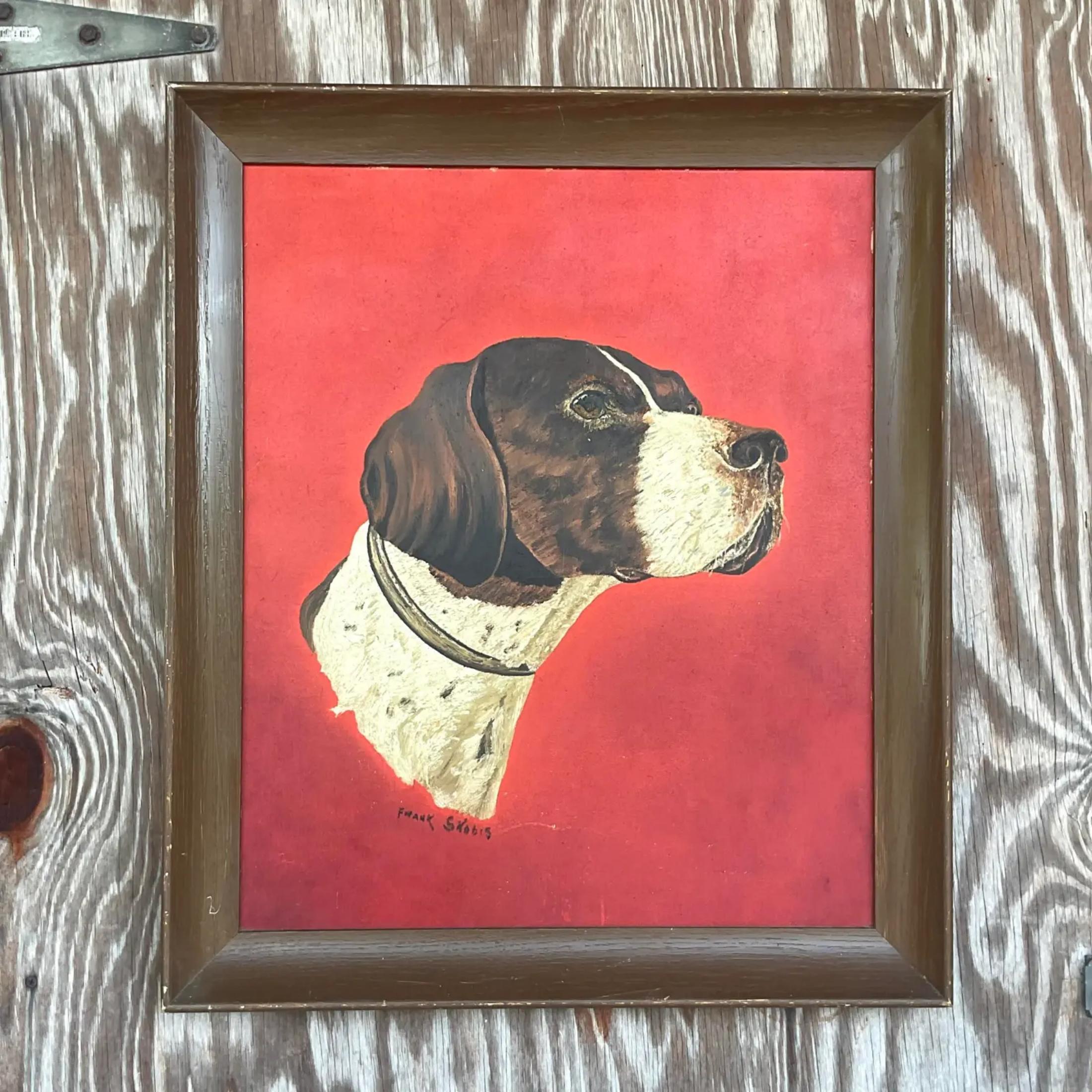 Wood Vintage Realist Animal Portrait Original Oil Painting of Dog For Sale