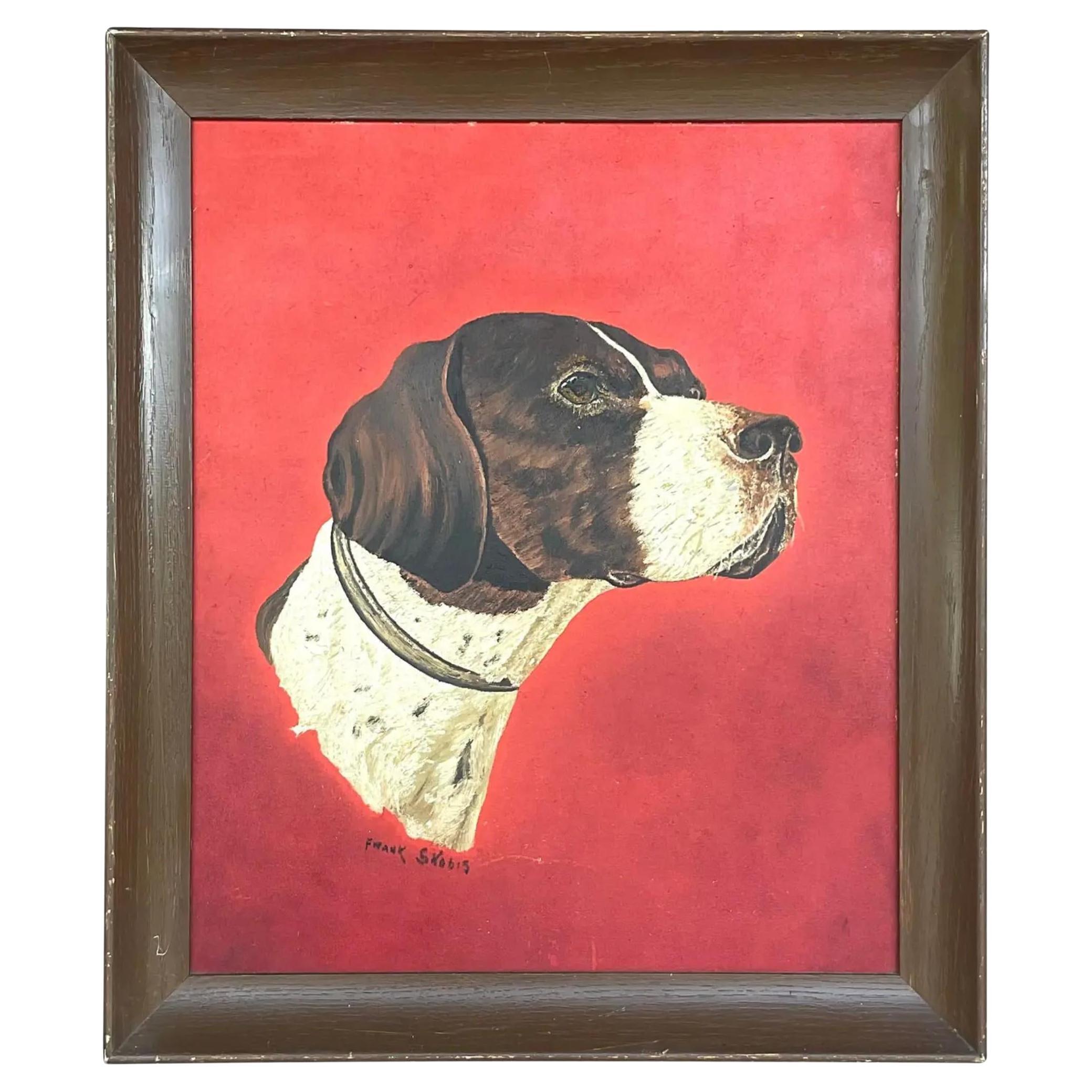 Vintage Realist Animal Portrait Original Oil Painting of Dog For Sale