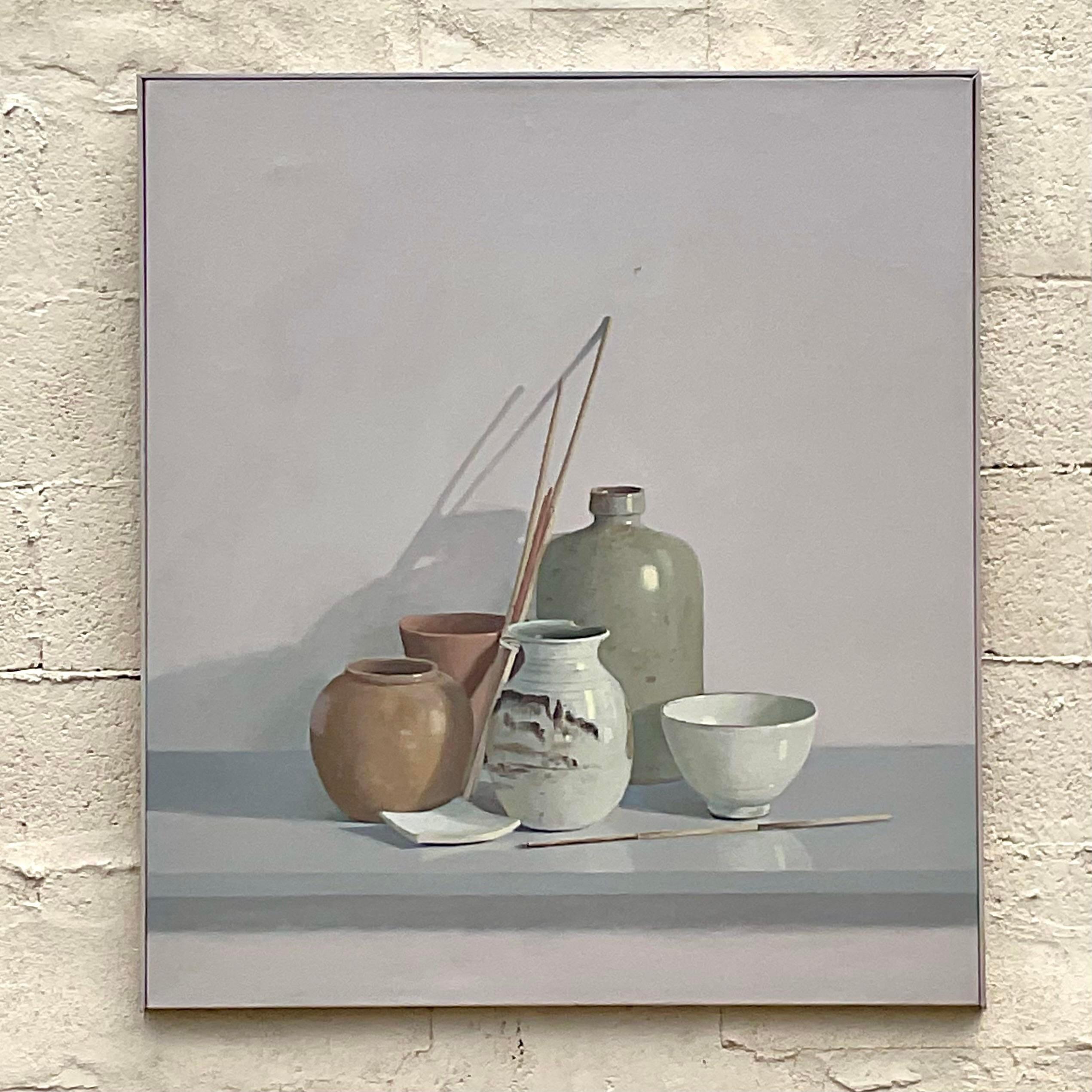 A striking vintage boho original oil painting on canvas. A chic still life in pale cool colors. Signed on the frame and dated by the artist 2000. Acquired from a Palm Beach estate.