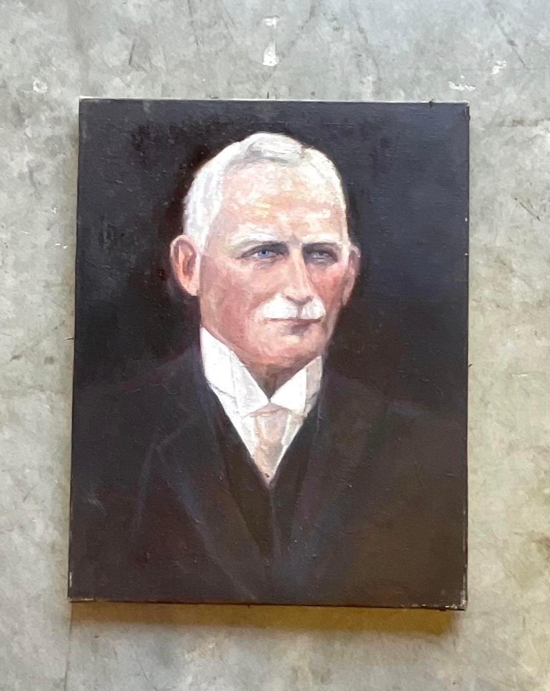 A fantastic vintage original oil portrait. Signed by the artist Whitney on the back. A
dashing silver haired older gentleman in full formal dress. Acquired from a Palm Beach estate.
