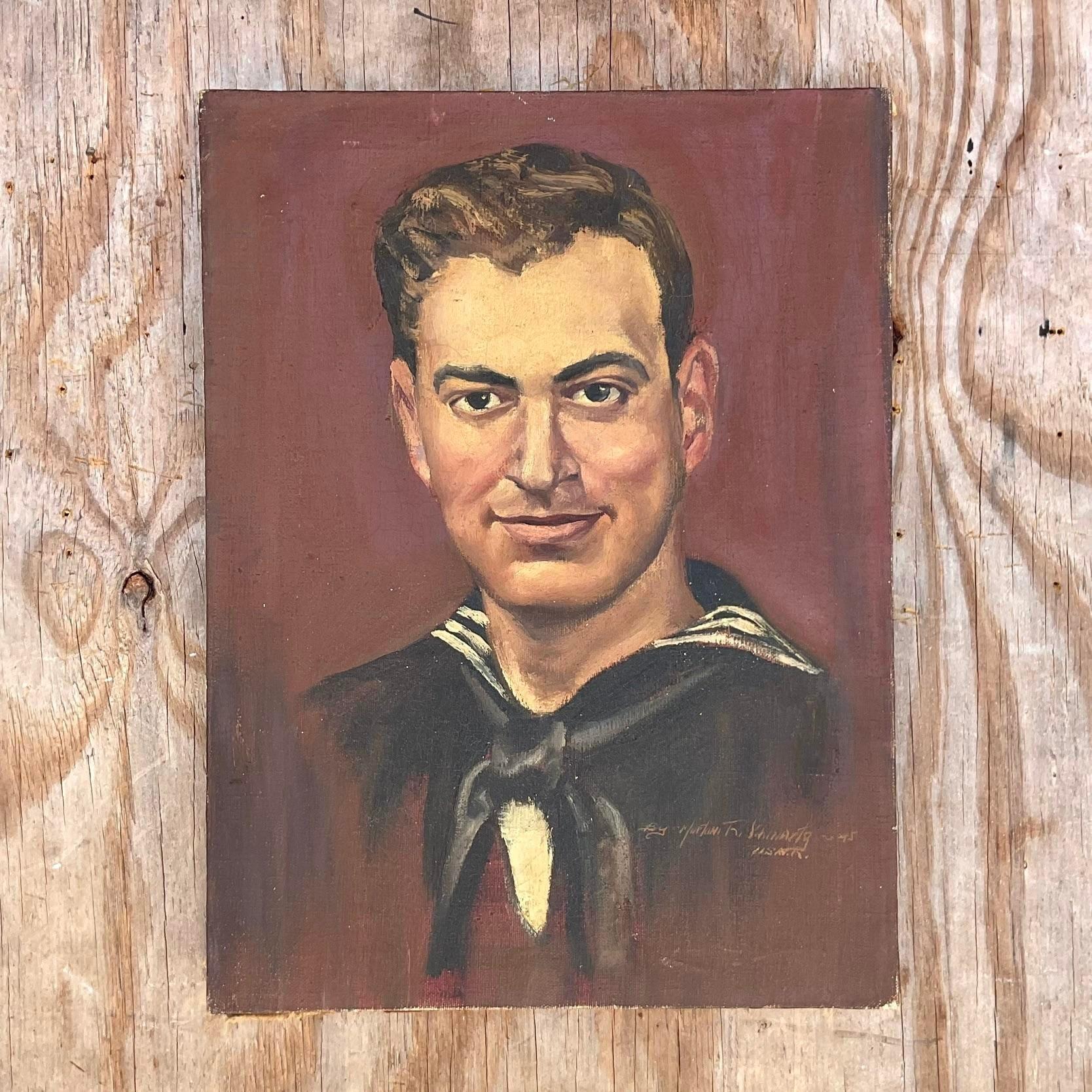 A fabulous vintage Boho Original oil painting on canvas. A chic 1945 portrait of a young solider. Signed and dated by the artist. Acquired from a Palm Beach estate.