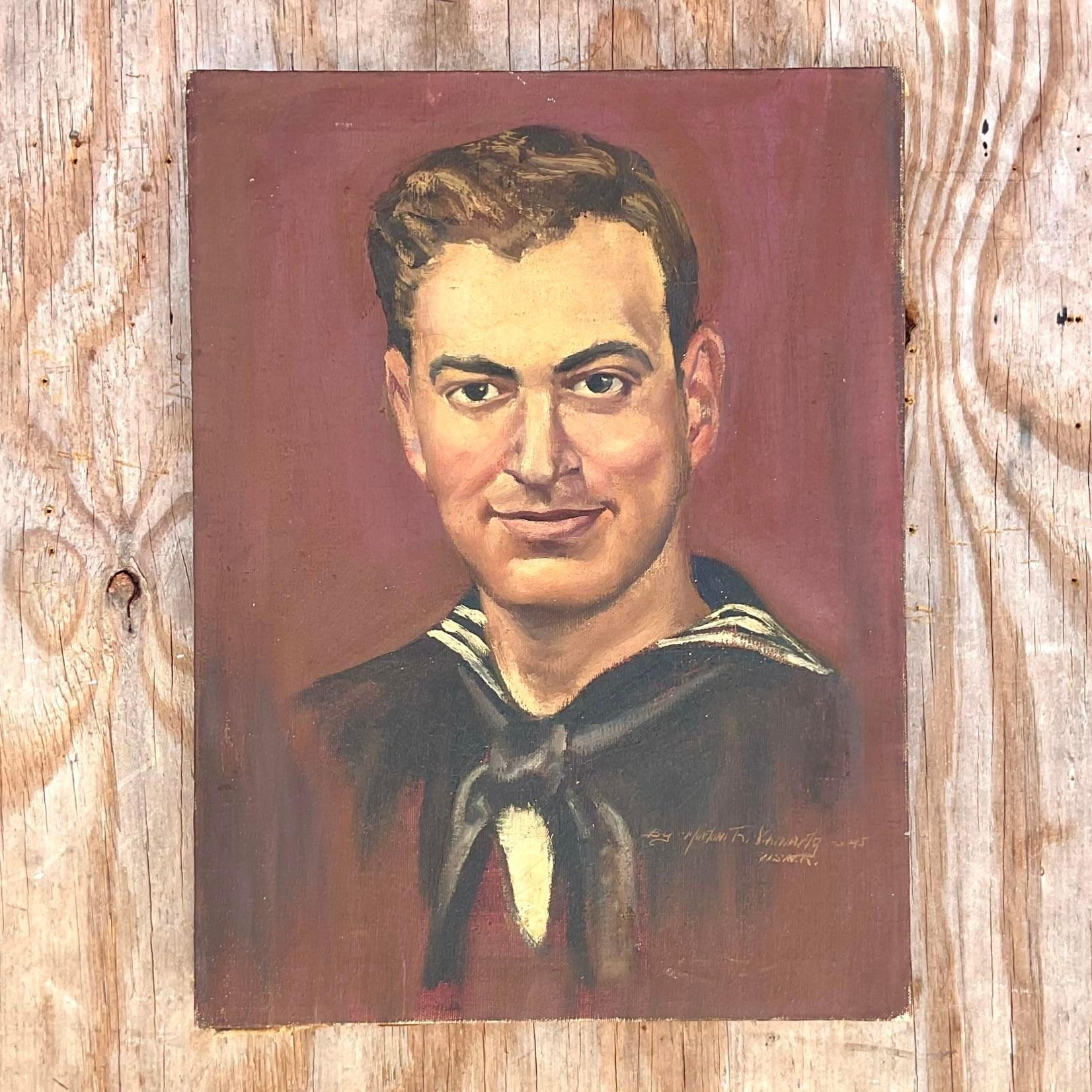 American Vintage Realist Signed Original Oil Portrait Painting of a Handsome Solider 1945 For Sale