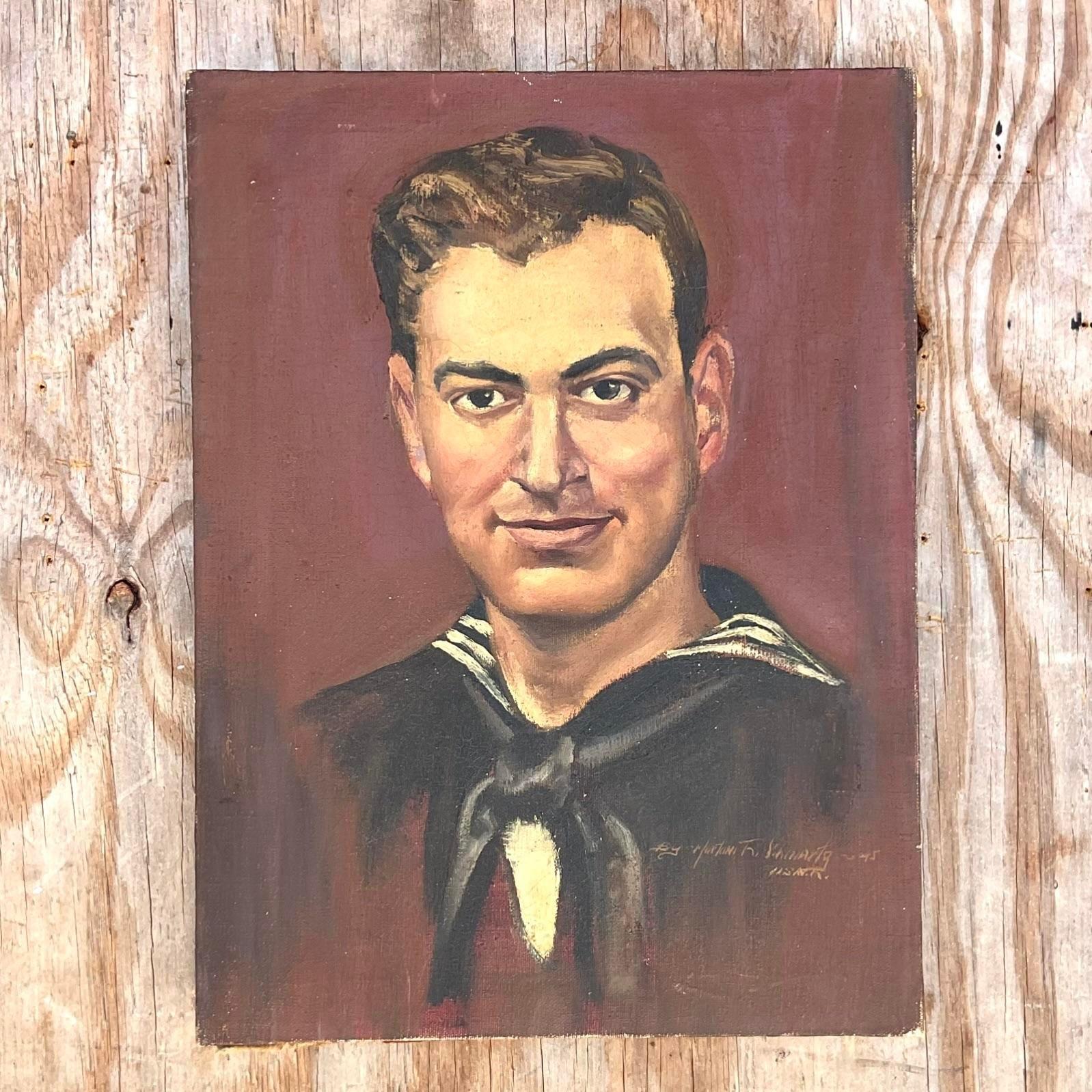 Mid-20th Century Vintage Realist Signed Original Oil Portrait Painting of a Handsome Solider 1945 For Sale