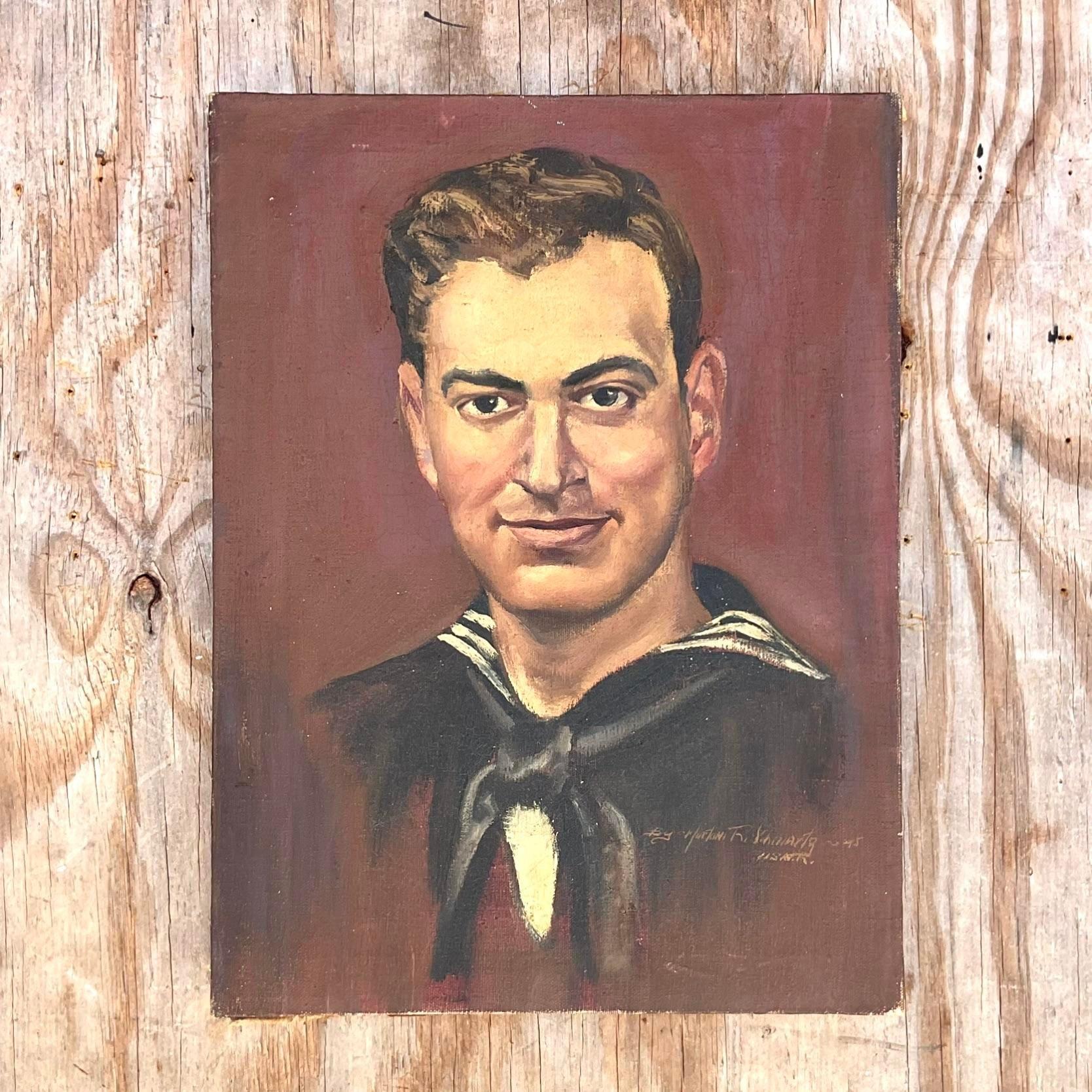 Canvas Vintage Realist Signed Original Oil Portrait Painting of a Handsome Solider 1945 For Sale