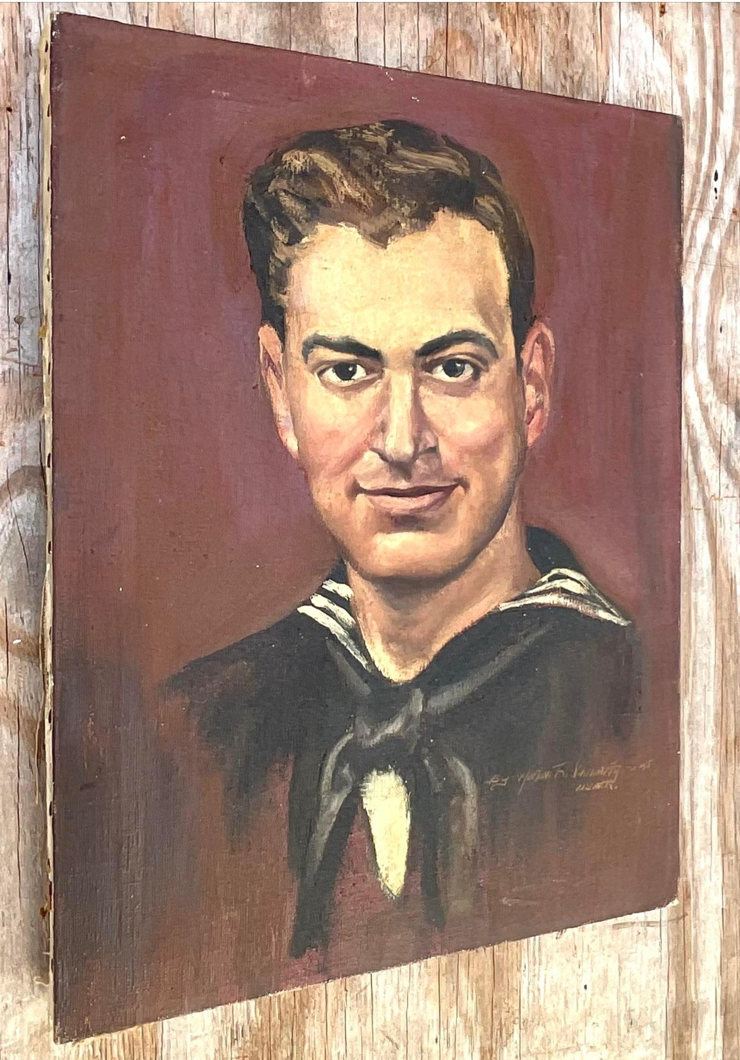 Vintage Realist Signed Original Oil Portrait Painting of a Handsome Solider 1945 For Sale 1