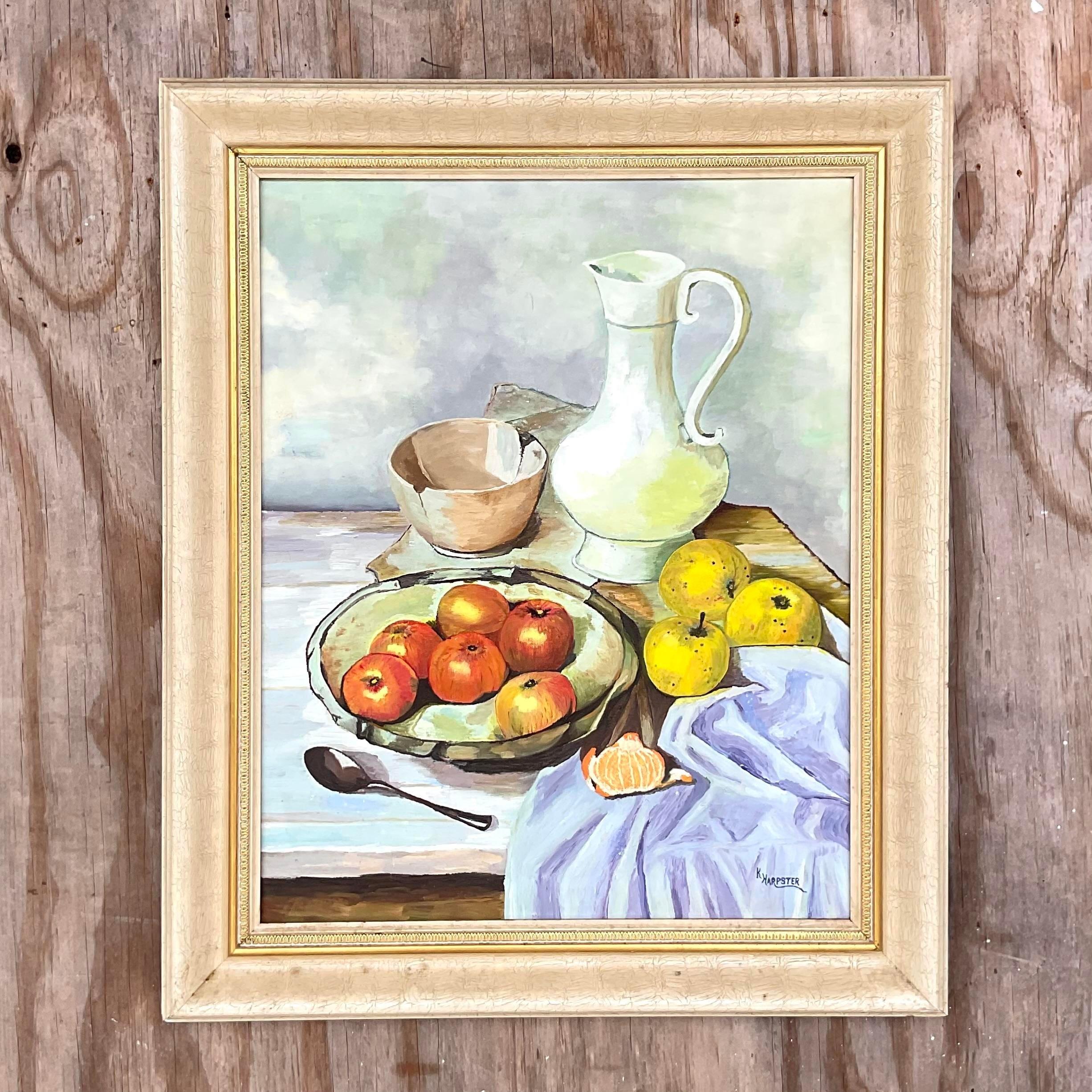 A gorgeous vintage Boho oil painting. A signed original still life of fruit and china. Acquired from a palm Beach estate.
