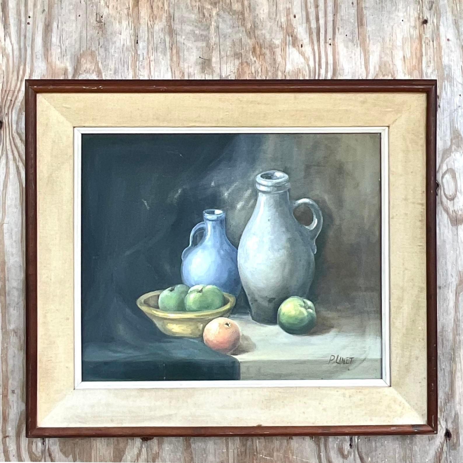 A fabulous vintage Boho original oil painting. A chic still life of fruit with pottery. A very zen composition in cool clear colors. Signed by the artist. Acquired from a Palm Beach estate