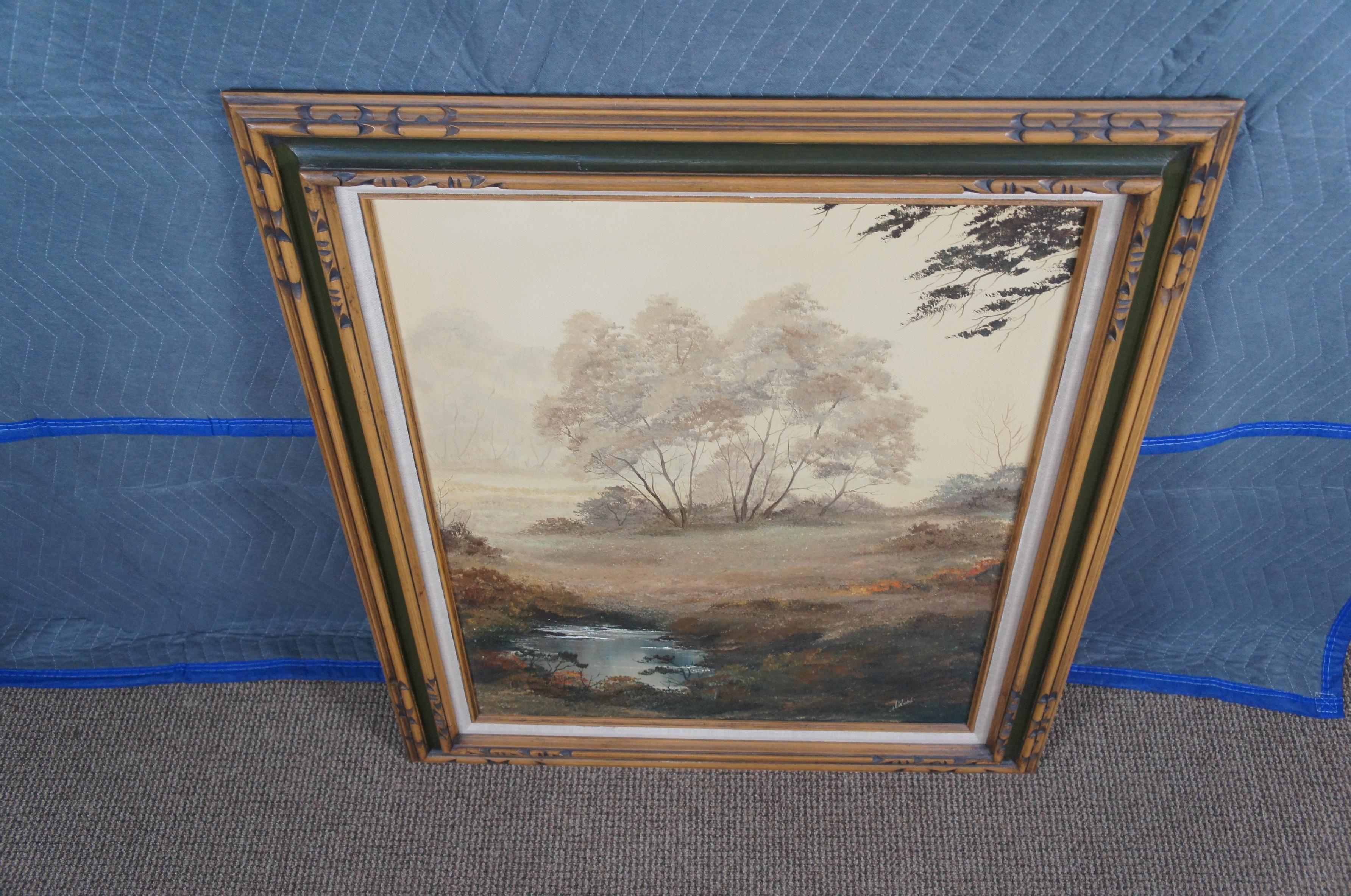 Peinture de paysage réaliste vintage à l'huile signée et encadrée en vente 3