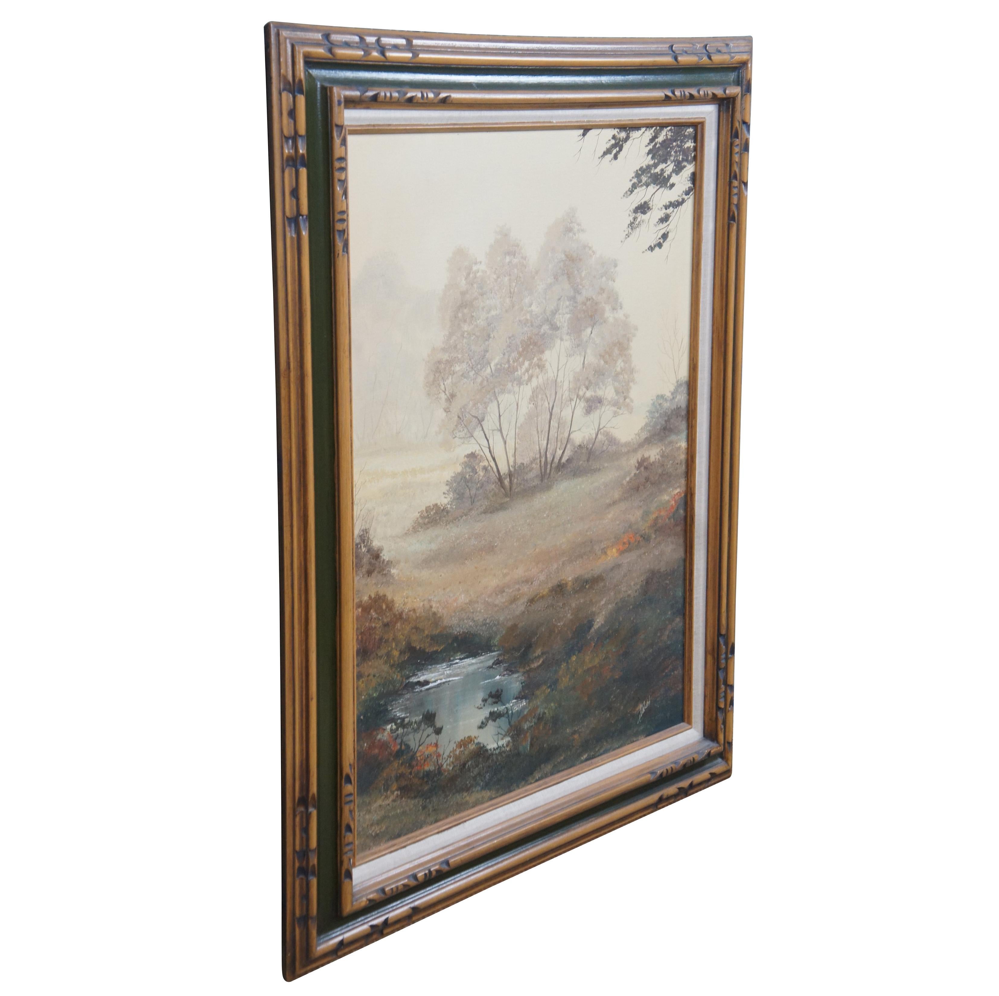 Vintage 1970s oil landscape painting. Features a view through the woods on a foggy day showing trees, grassland and a pond. The canvas is signed lower right and framed in wood with caved accents and green trim.

Dimensions

31.5