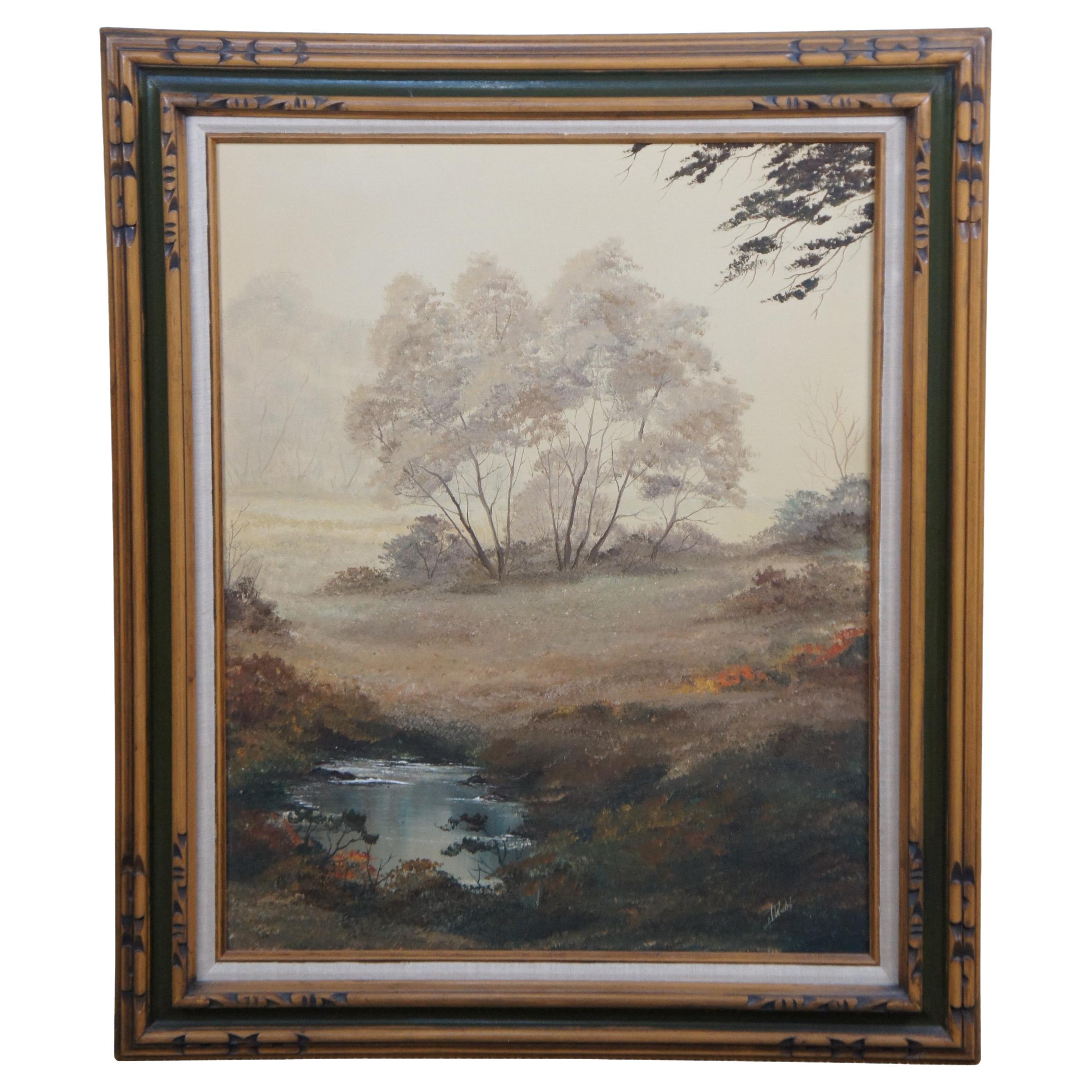 Pintura al óleo vintage realista de paisajes boscosos Firmada y enmarcada