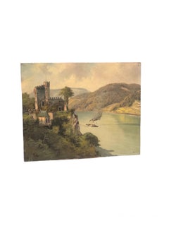 Vintage Realistic Scenic Painting Castle Forest Tree Boat Tower Mountain Lake