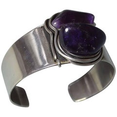 Vintage Rebajes Modernist Sterling Silver Wire Wrapped Amethyst Cuff Bracelet