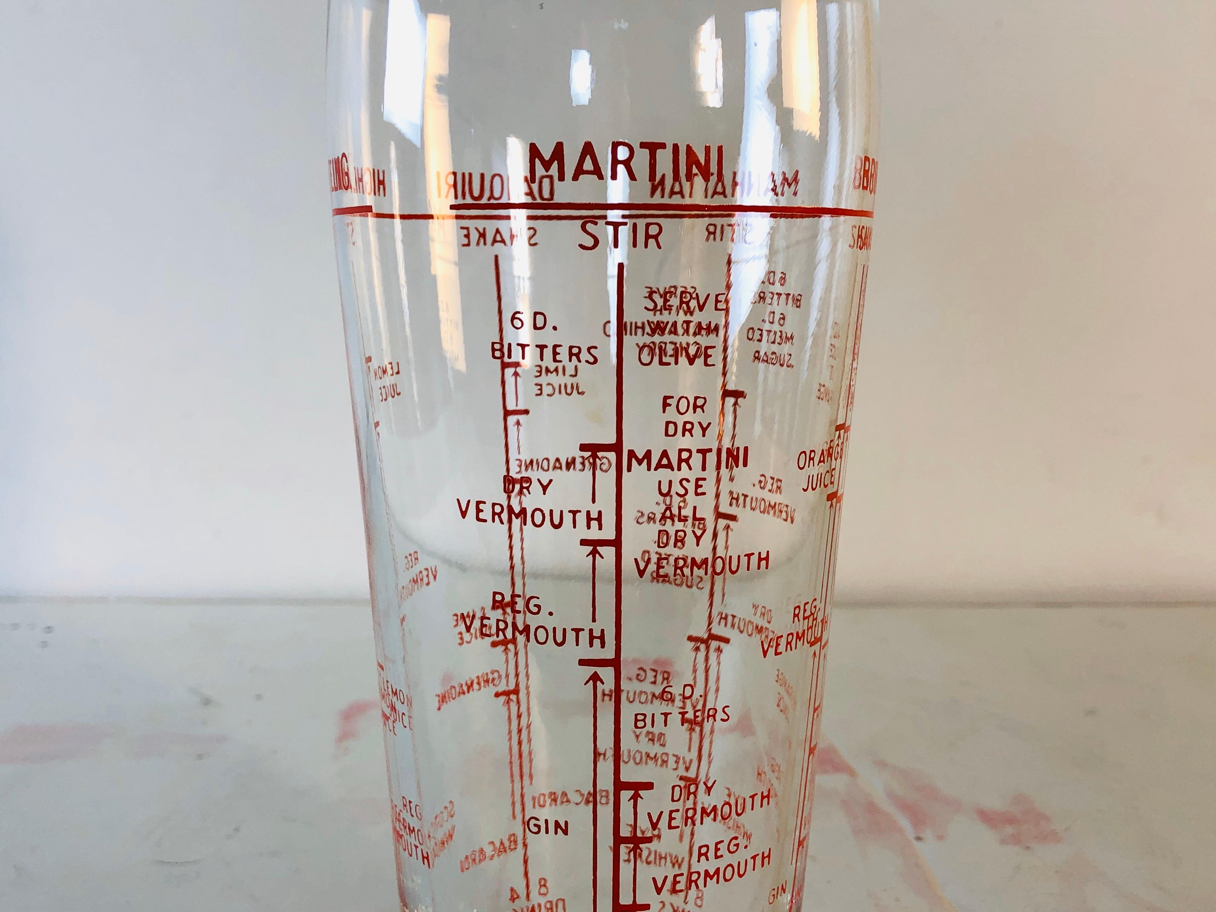 Vintage 1960s glass cocktail with a chrome lid displaying different cocktail recipes. Excellent condition, no rust and opens and closes freely. No marks.
