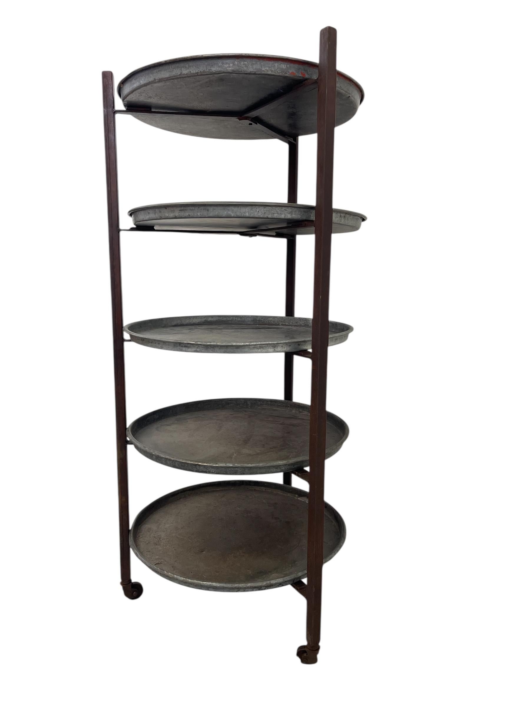 Mid-Century Modern Vintage Reclaimed Bakery Shelf Rack with Removable Metal Trays For Sale