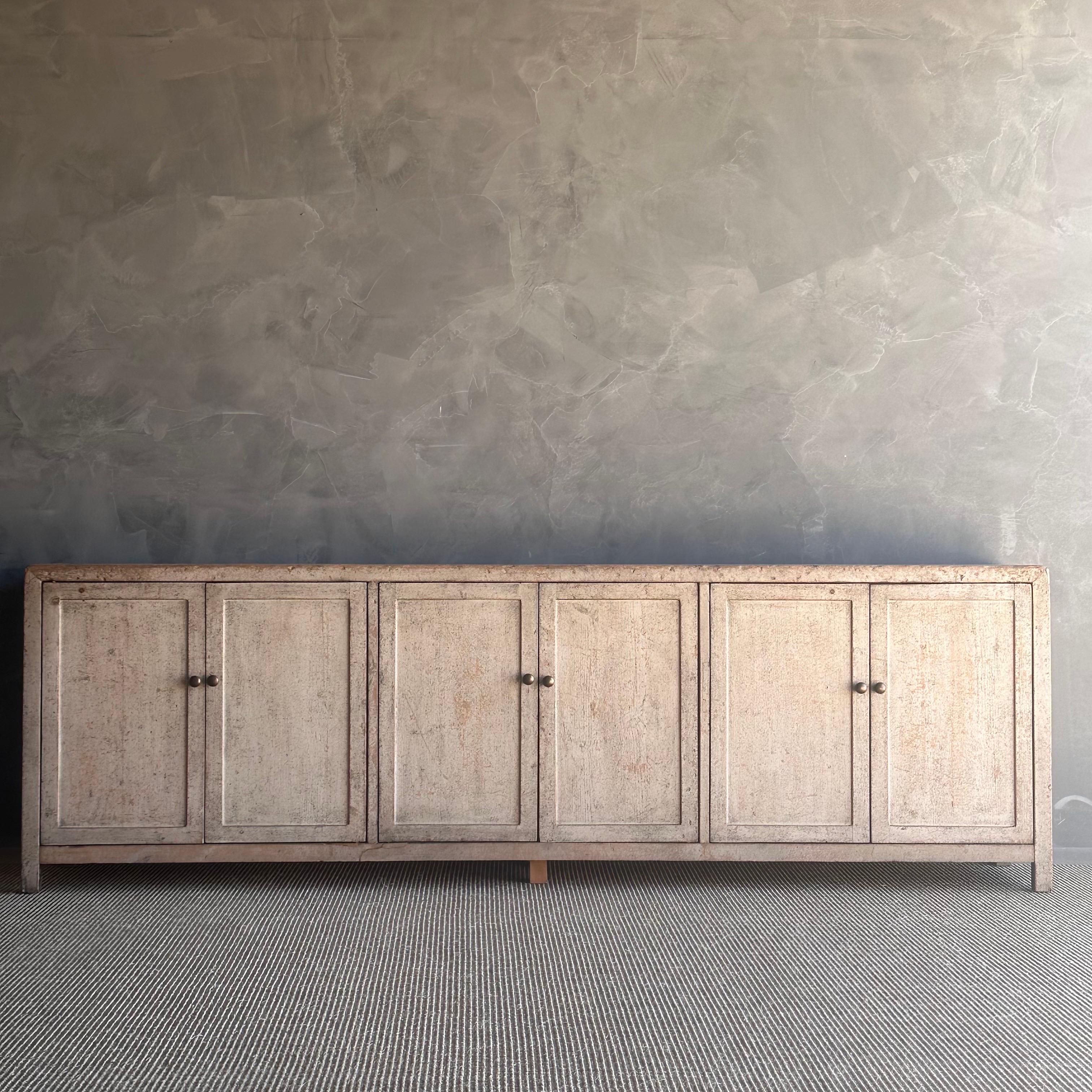 Organic Modern Vintage Reclaimed Cabinet in a Gray Natural Patina Painted Finish For Sale