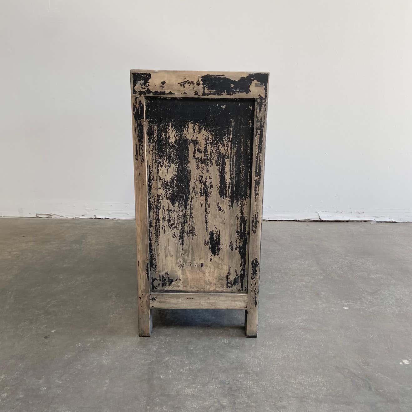 Vintage Reclaimed Elm Wood 2 Door Black Distressed Painted Console In Good Condition In Old Town Orange, CA