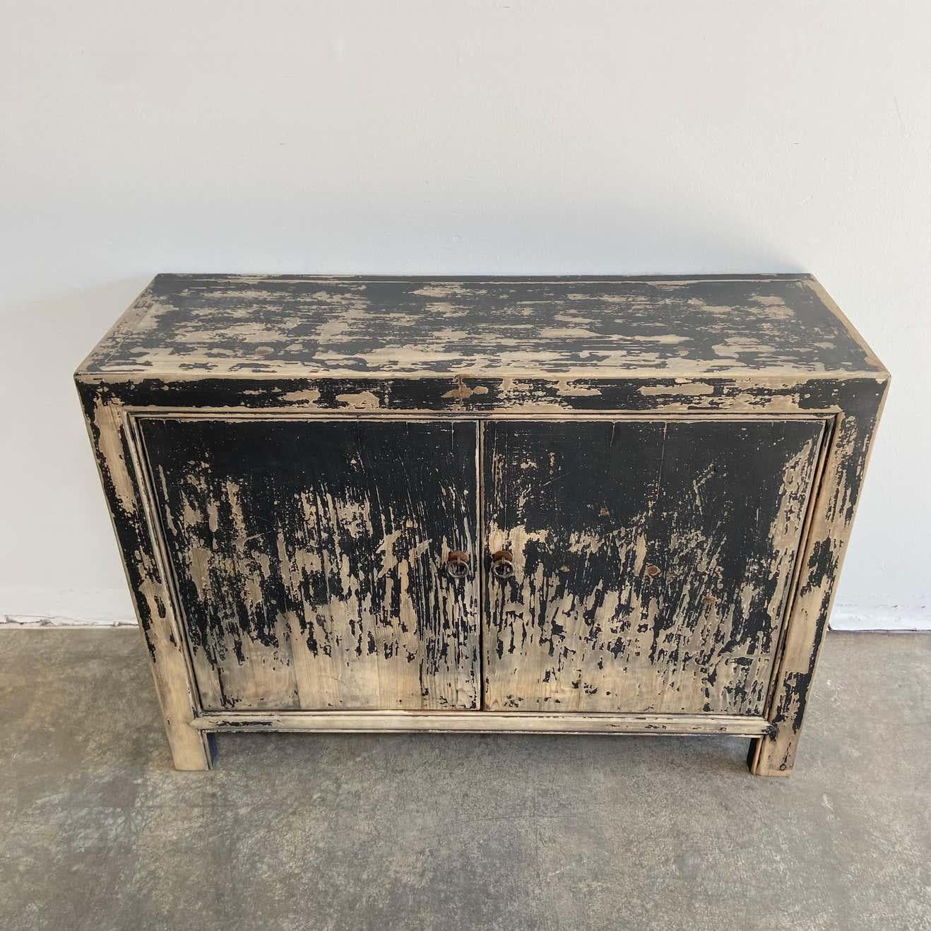 Vintage Reclaimed Elm Wood 2 Door Black Distressed Painted Console 1