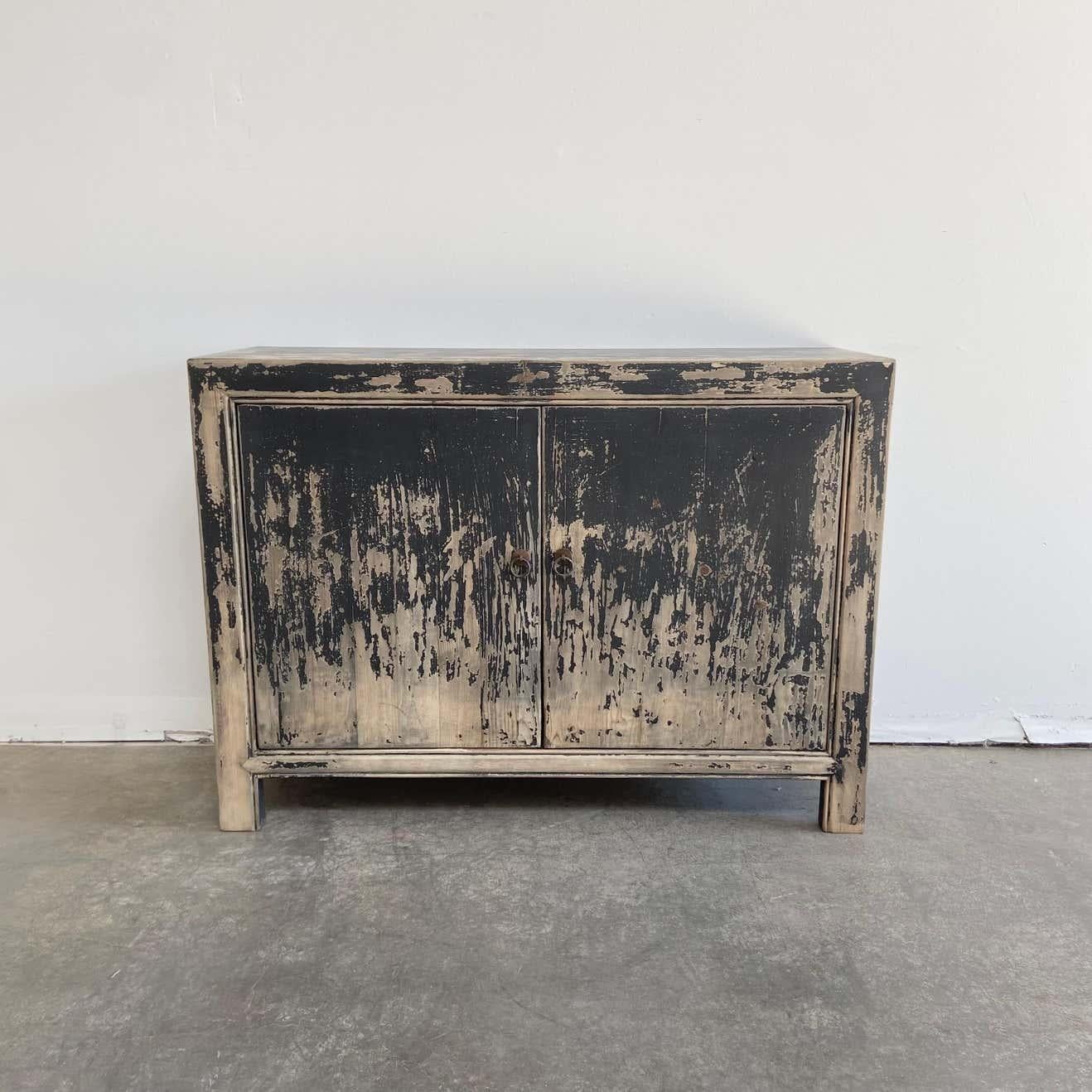 Vintage Reclaimed Elm Wood 2 Door Black Distressed Painted Console 4