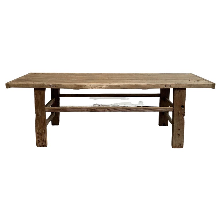 Vintage Reclaimed Elm Wood Coffee Table or Low Console 74" For Sale at
