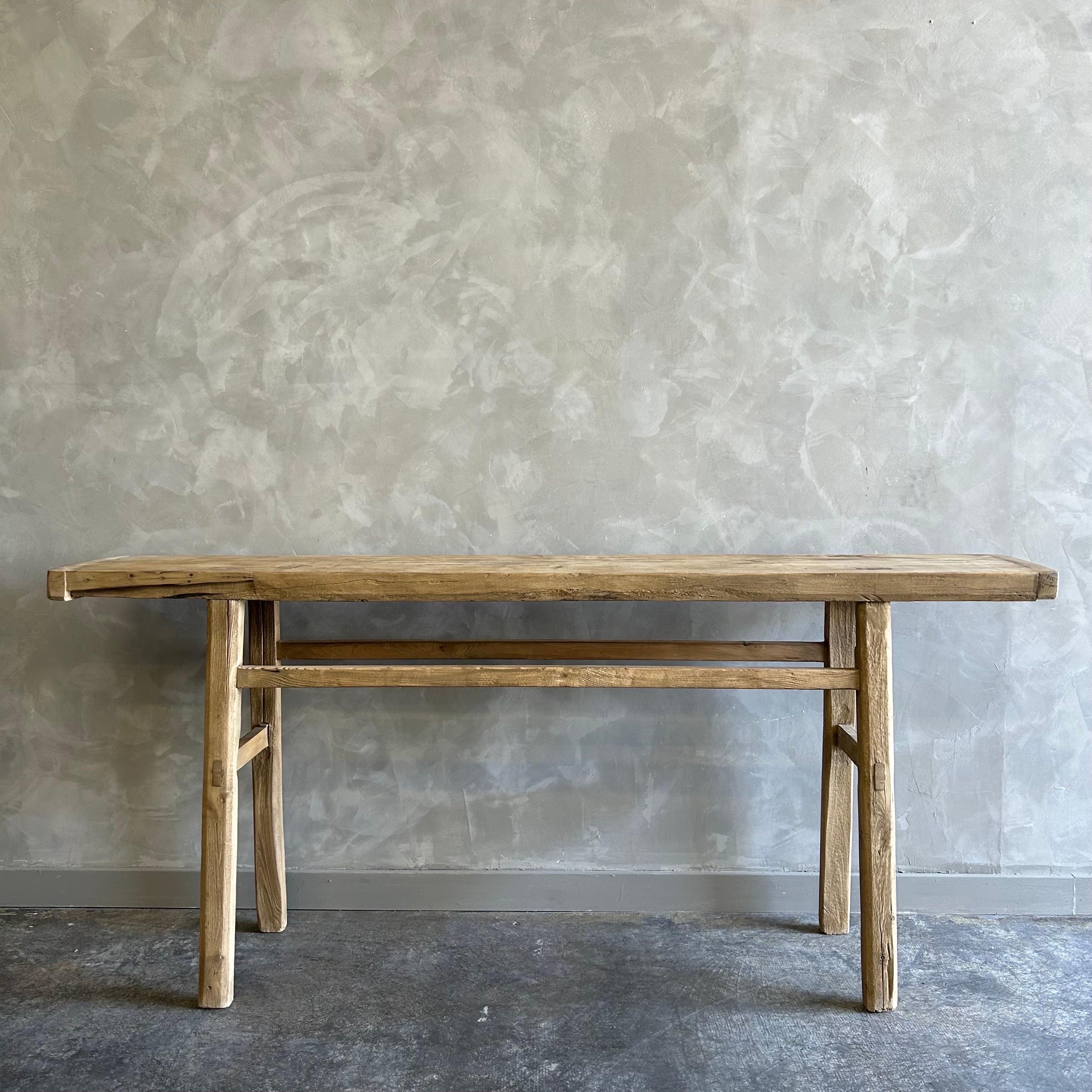 Bloom Home inc has over 2000 items in stock ready for immediate shipping, scroll down to view all of our items!
Elm console 74.5”w x 12.5”d x 33”h
Vintage Antique Elm Wood Console Table Made from Vintage reclaimed elm wood. Beautiful antique