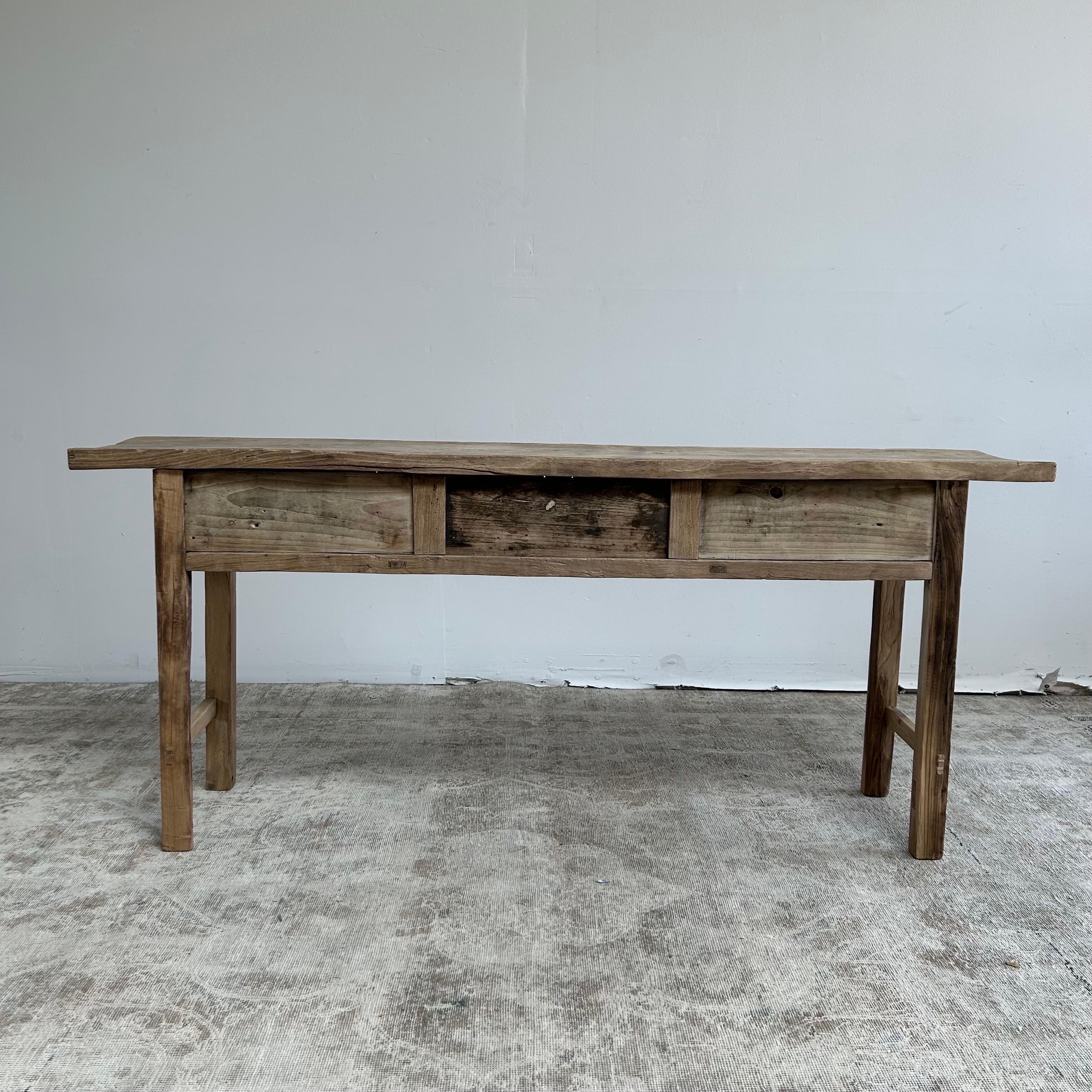 Vintage Reclaimed Elm Wood Console Table with Drawers 5