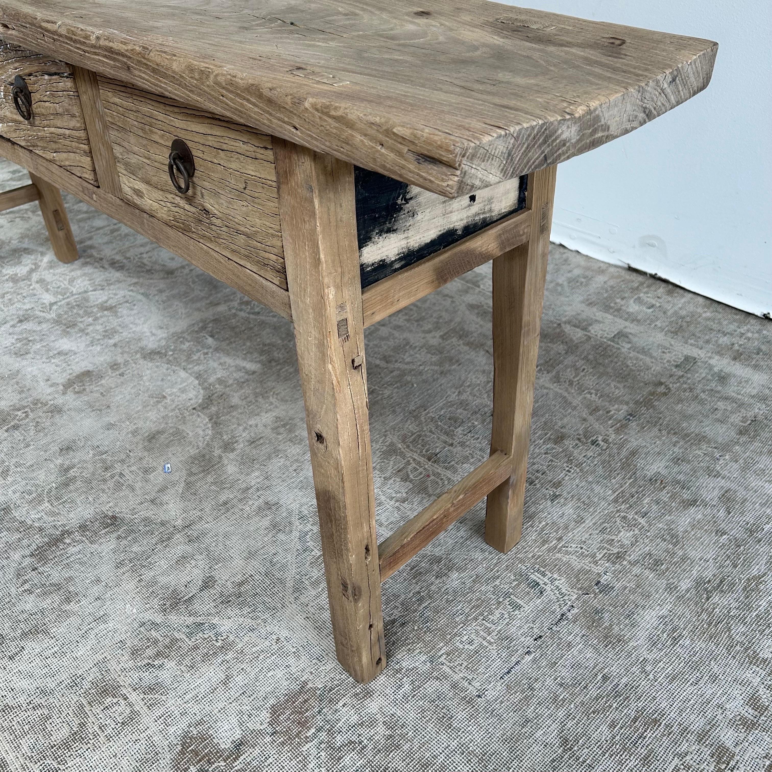 Vintage Reclaimed Elm Wood Console Table with Drawers 7