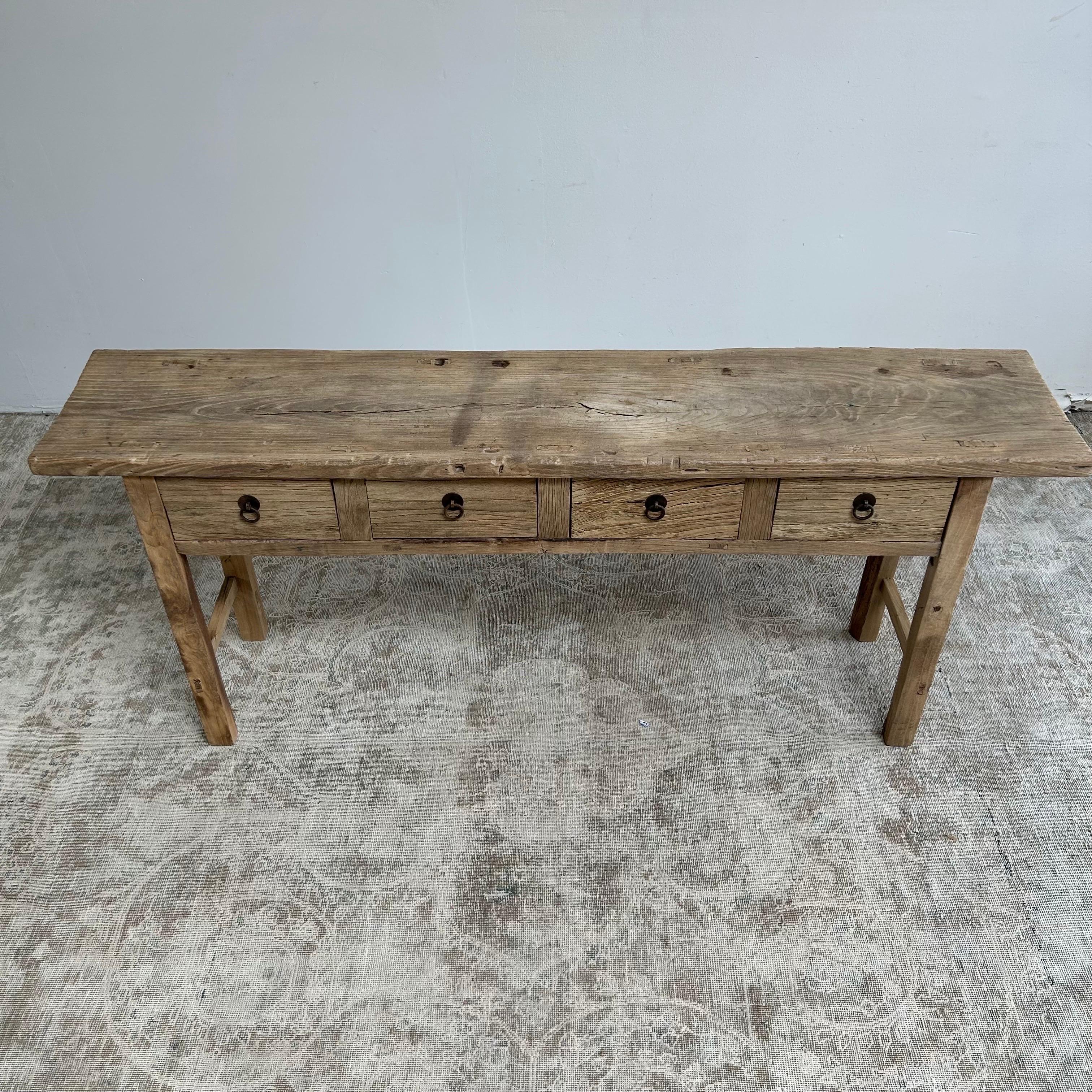 Vintage Reclaimed Elm Wood Console Table with Drawers 8