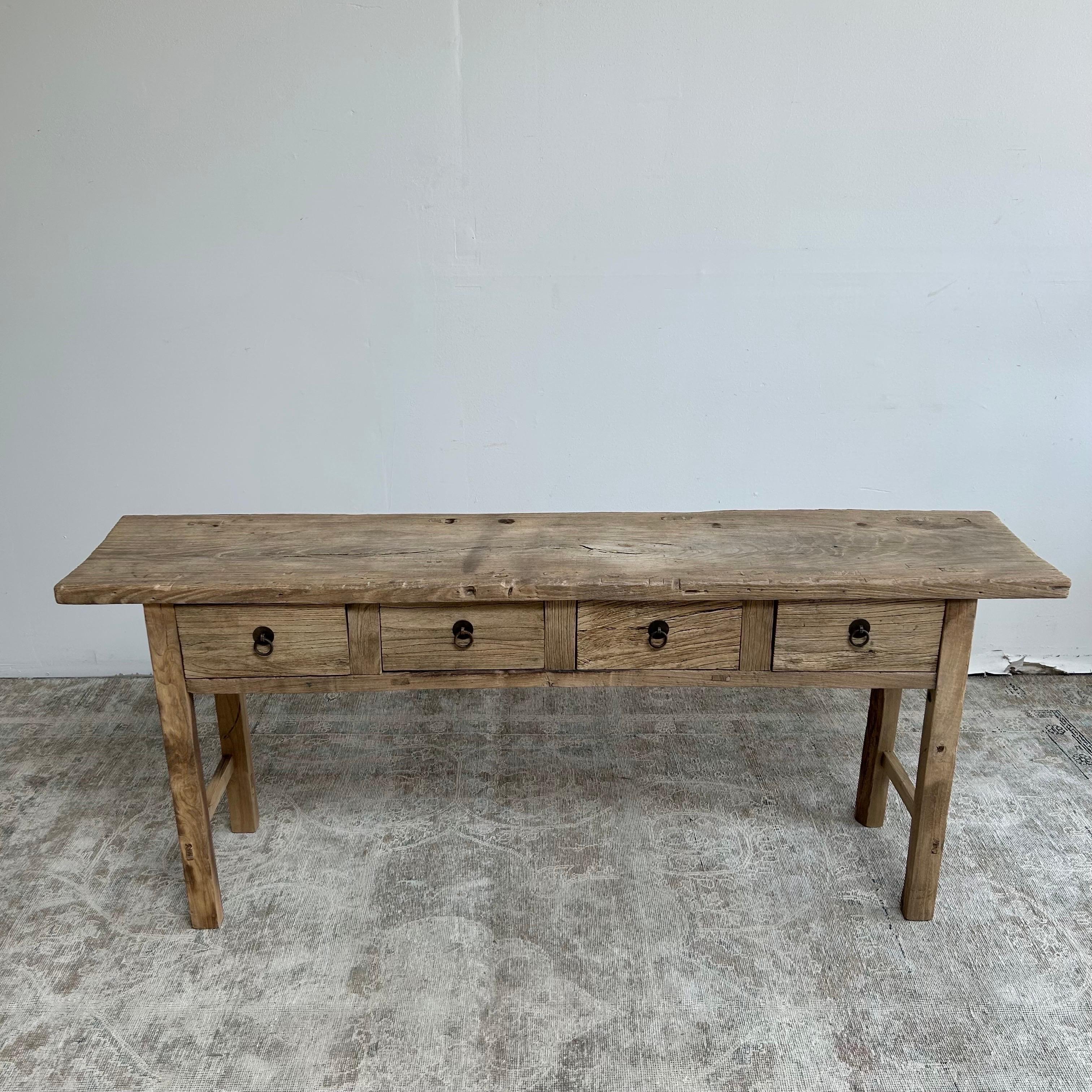 Asian Vintage Reclaimed Elm Wood Console Table with Drawers