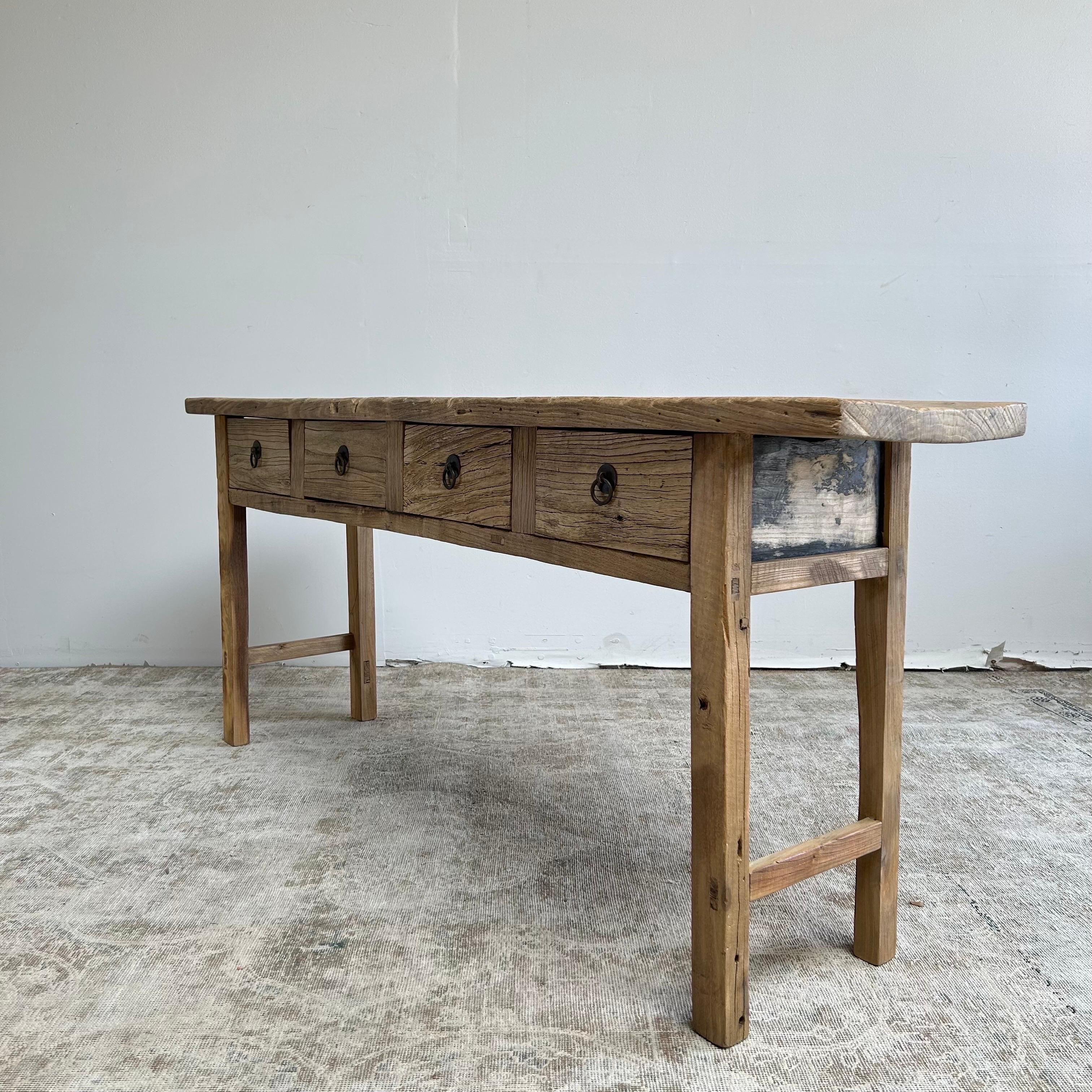 Vintage Reclaimed Elm Wood Console Table with Drawers 1