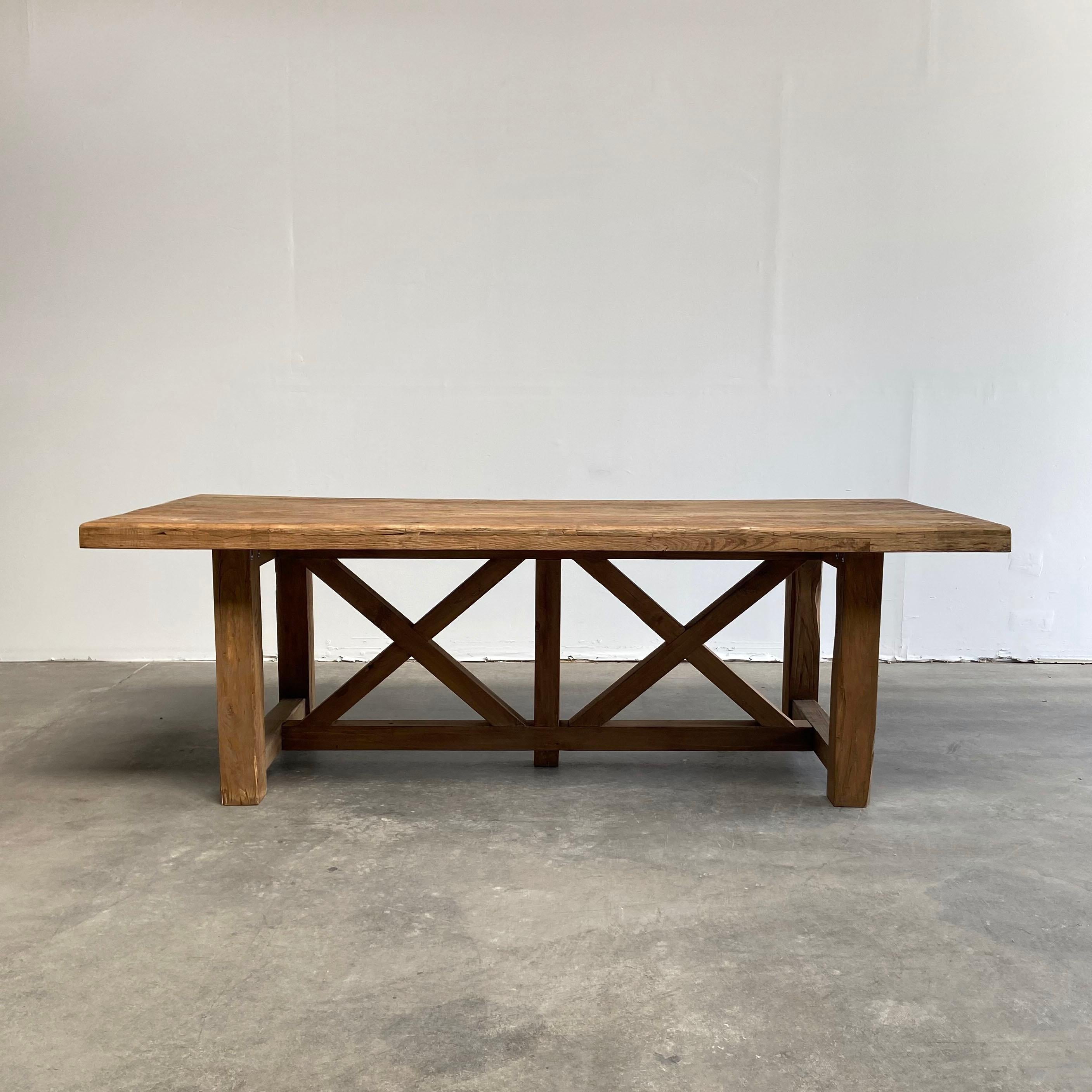 Vintage reclaimed elm wood dining table. Beautiful antique patina, with weathering and age, these are solid and sturdy ready for daily use, great for any space. Each piece is truly unique and one of a kind with different characteristics in the