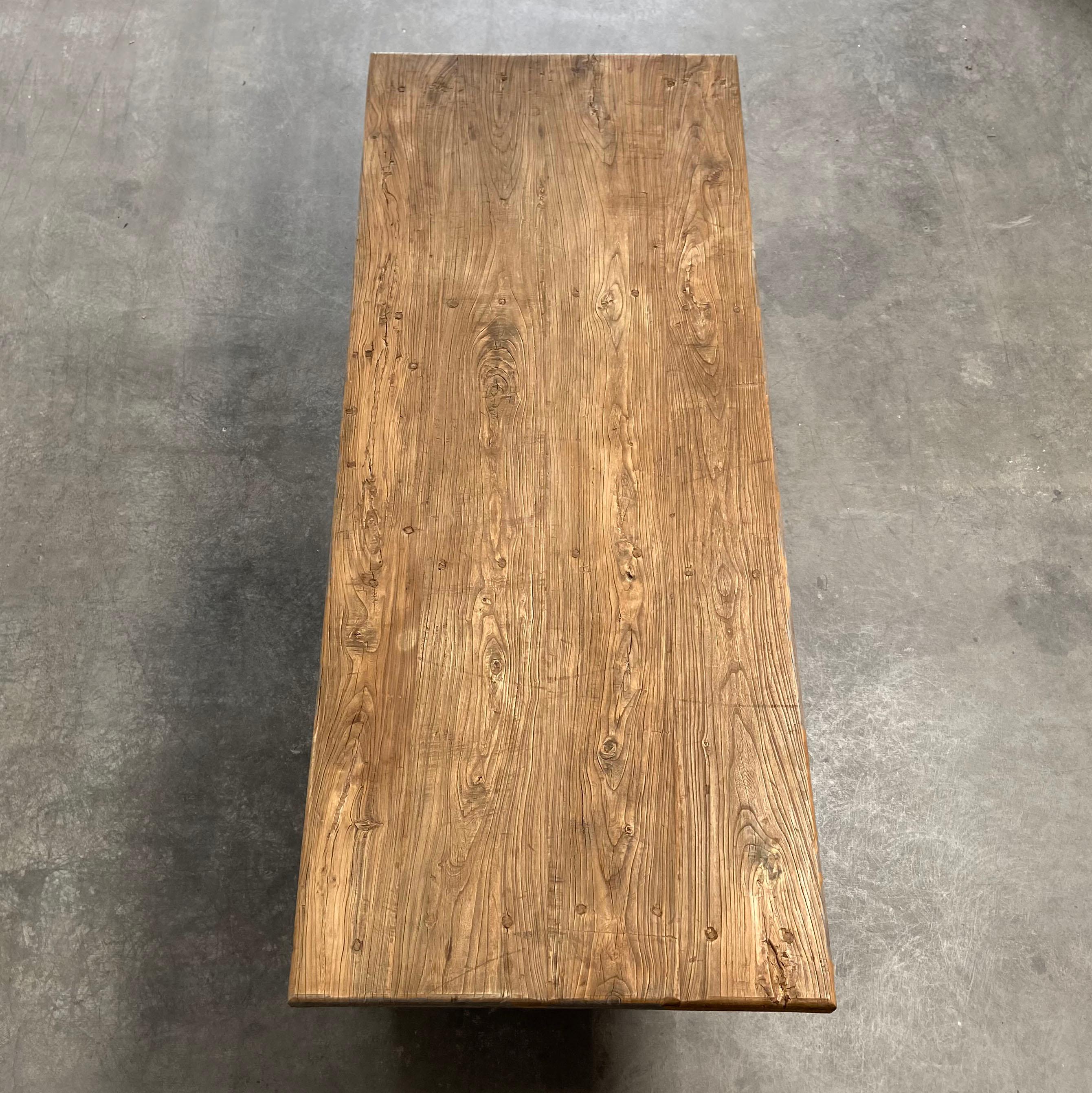 Vintage Reclaimed Elm Wood Dining Table In Good Condition In Brea, CA