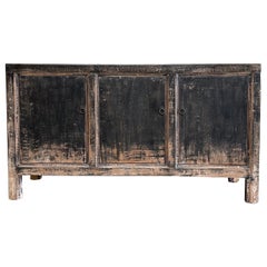 Vintage Reclaimed Elm Wood Painted 3 Door Black Cabinet